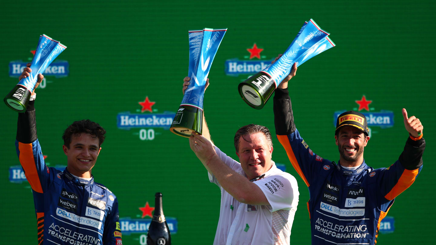 MONZA, ITALY - SEPTEMBER 12: Race winner Daniel Ricciardo of Australia and McLaren F1, second