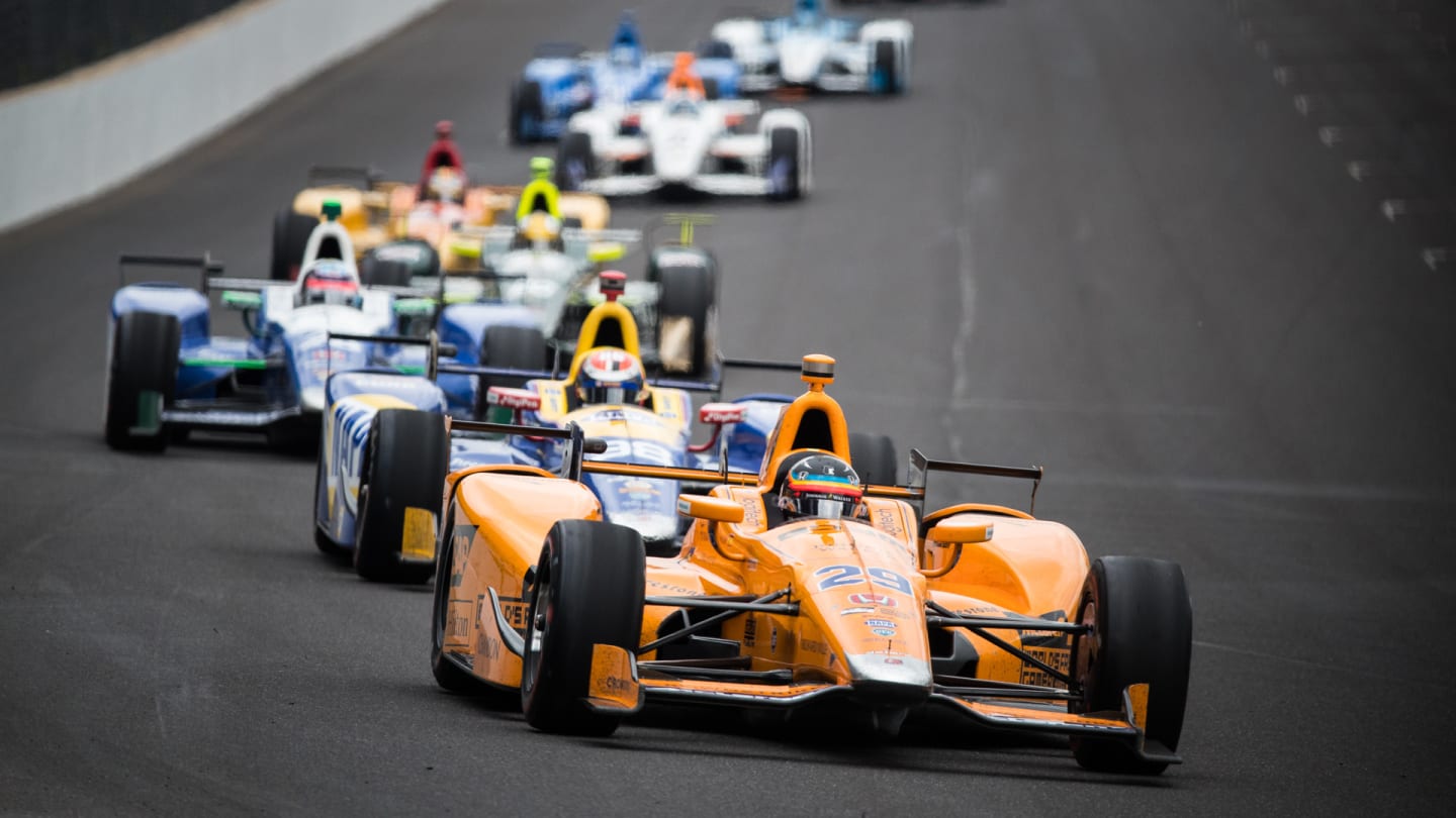 Auto Racing: 101st Indianapolis 500: Fernando Alonso (29) in action, leading pack during race at