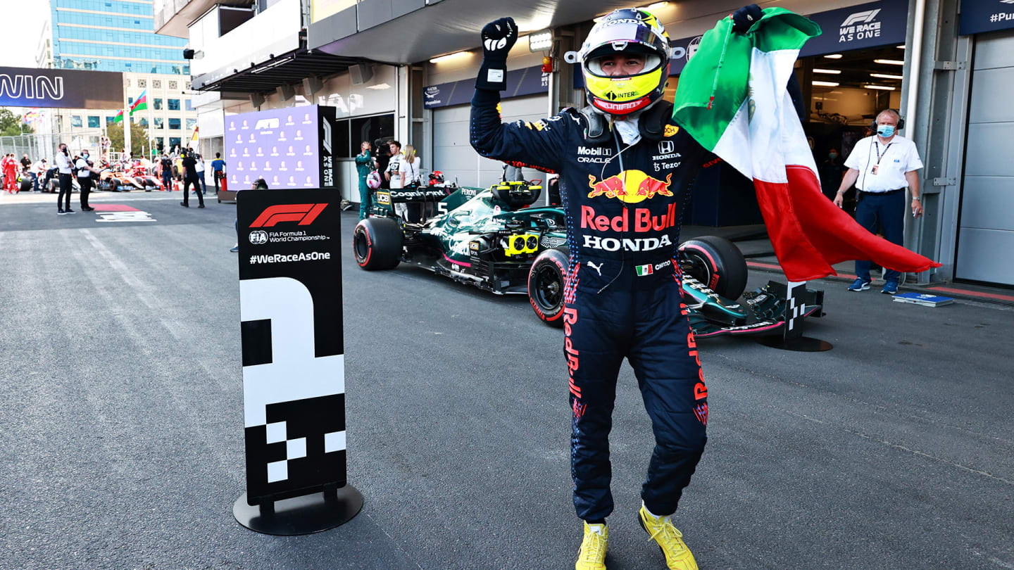 BAKU, AZERBAIJAN - JUNE 06: Race winner Sergio Perez of Mexico and Red Bull Racing celebrates in