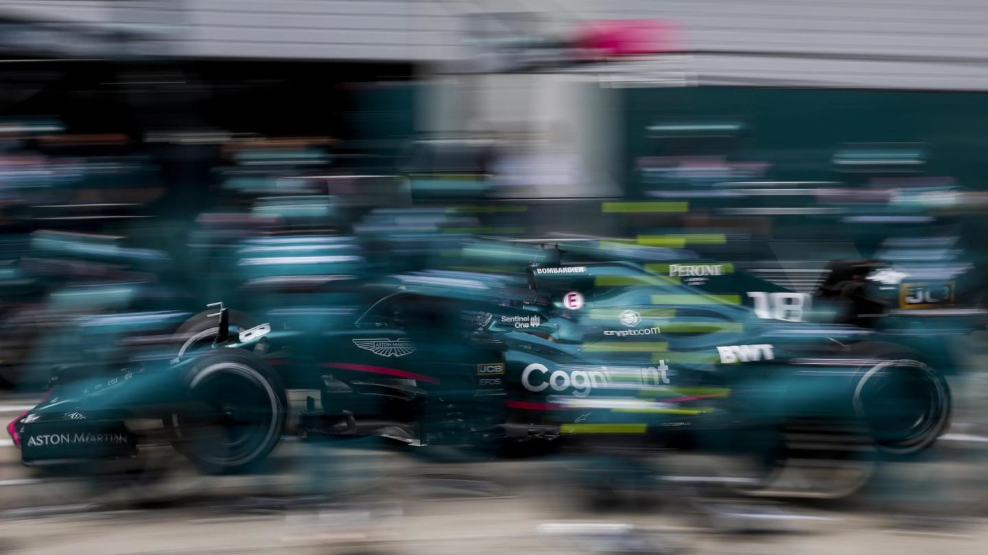 Lance Stroll, Aston Martin AMR21, makes a pit