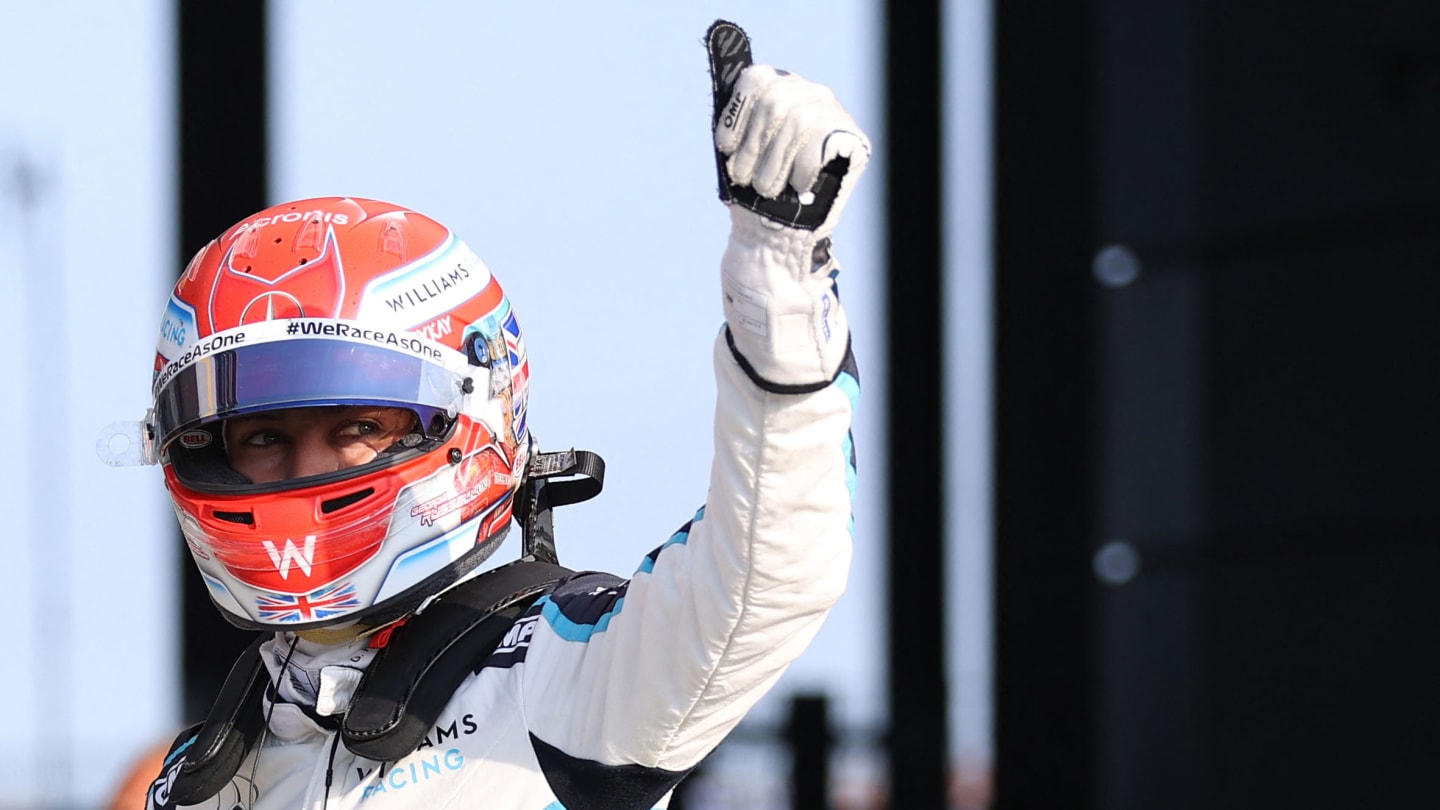 Williams' British driver George Russell gestures after the sprint race qualifying session ahead of the Formula One British Grand Prix at the Silverstone motor racing circuit in Silverstone, central England on July 16, 2021. (Photo by LARS BARON / various sources / AFP) (Photo by LARS BARON/AFP via Getty Images)