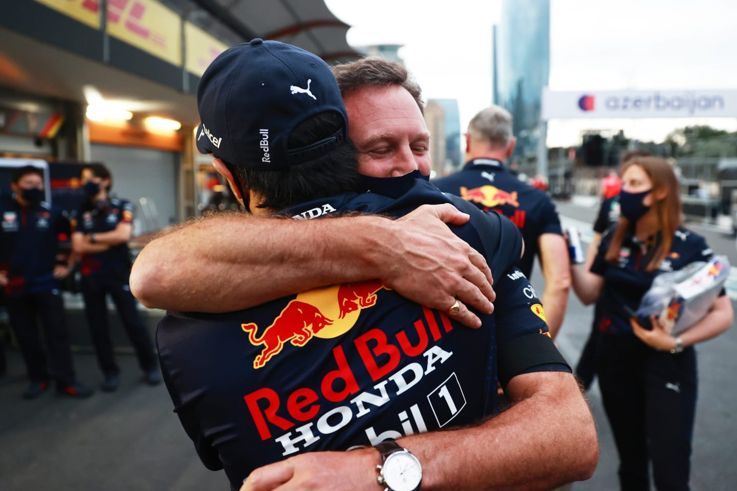BAKU, AZERBAIJAN - JUNE 06: Race winner Sergio Perez of Mexico and Red Bull Racing celebrates with