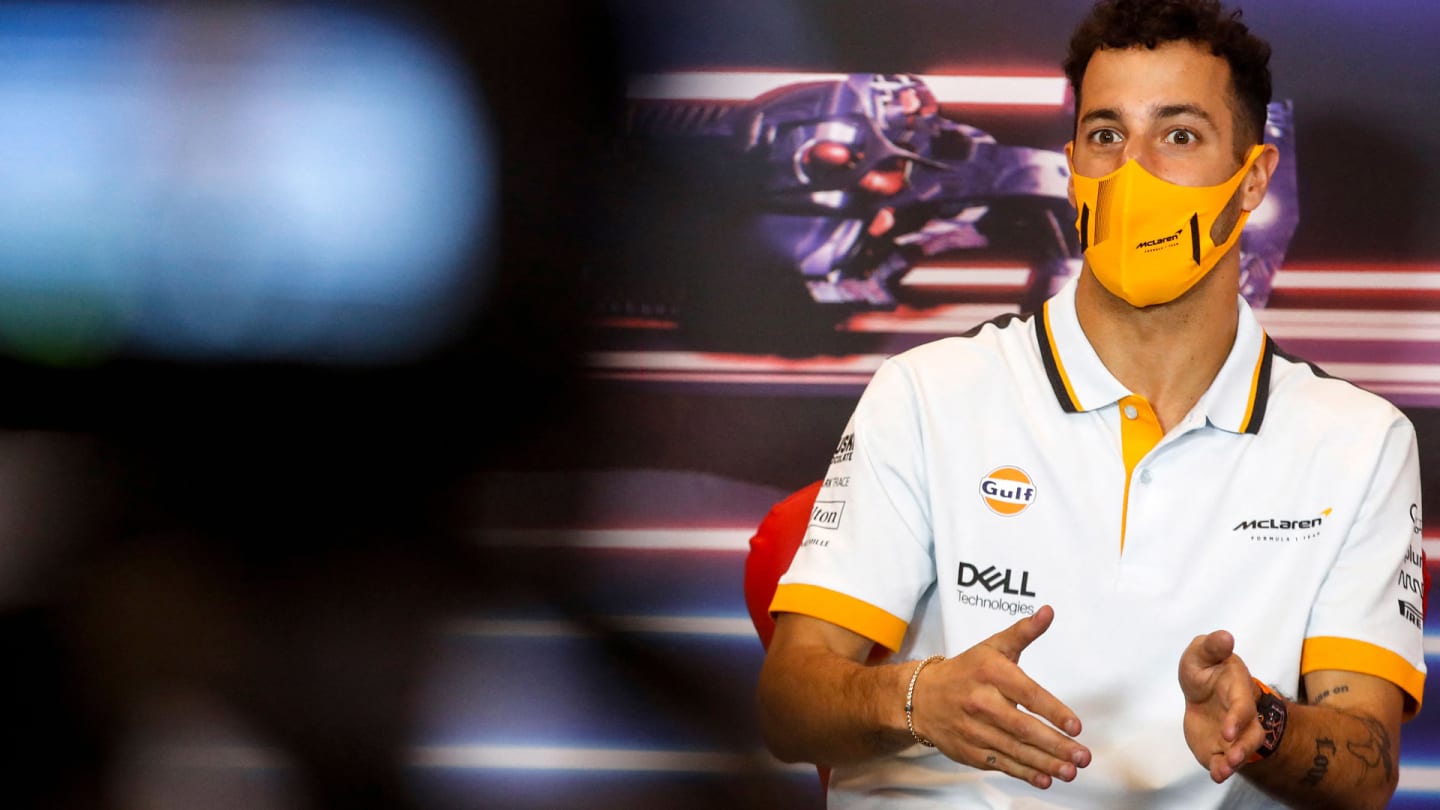 McLaren's Australian driver Daniel Ricciardo gives a press conference in Monaco, on May 19, 2021,