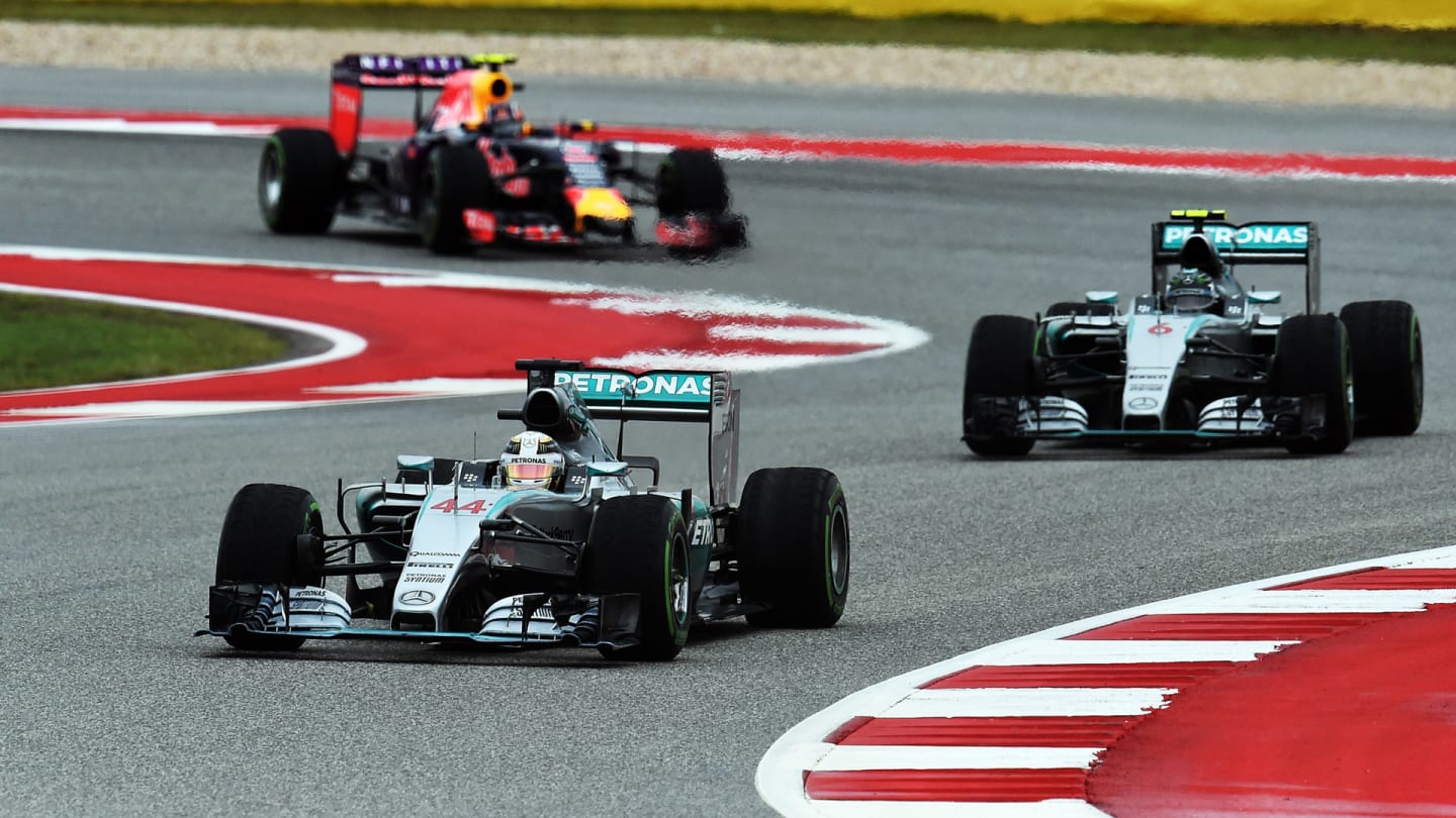 Mercedes AMG Petronas British driver Lewis Hamilton is trailed by his teammate German driver Nico