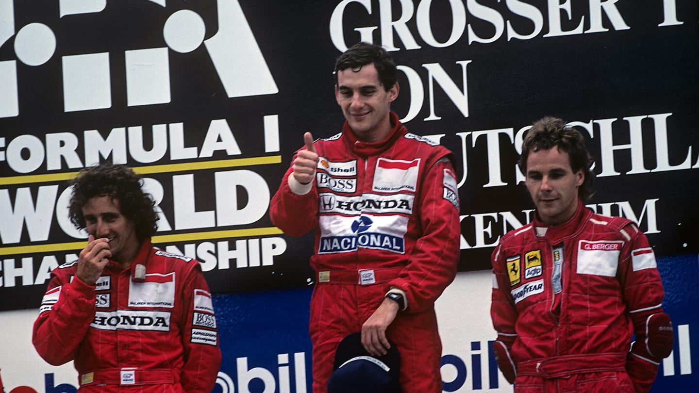 Ayrton Senna, Alain Prost, Gerhard Berger, Grand Prix of Germany, Hockenheimring, 24 July 1988.