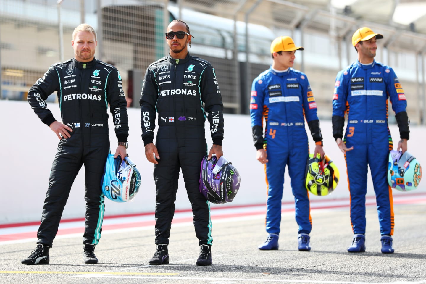 BAHRAIN, BAHRAIN - MARCH 12:  Valtteri Bottas of Finland and Mercedes GP, Lewis Hamilton of Great