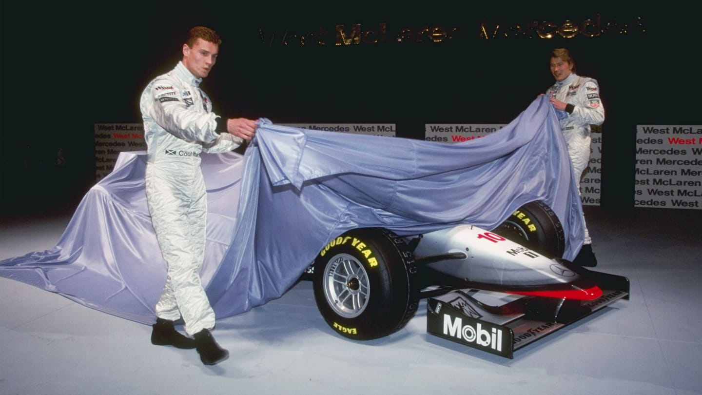 13 Feb 1997: David Coulthard and Mika Hakkinen unveil the new look car during the McLaren team