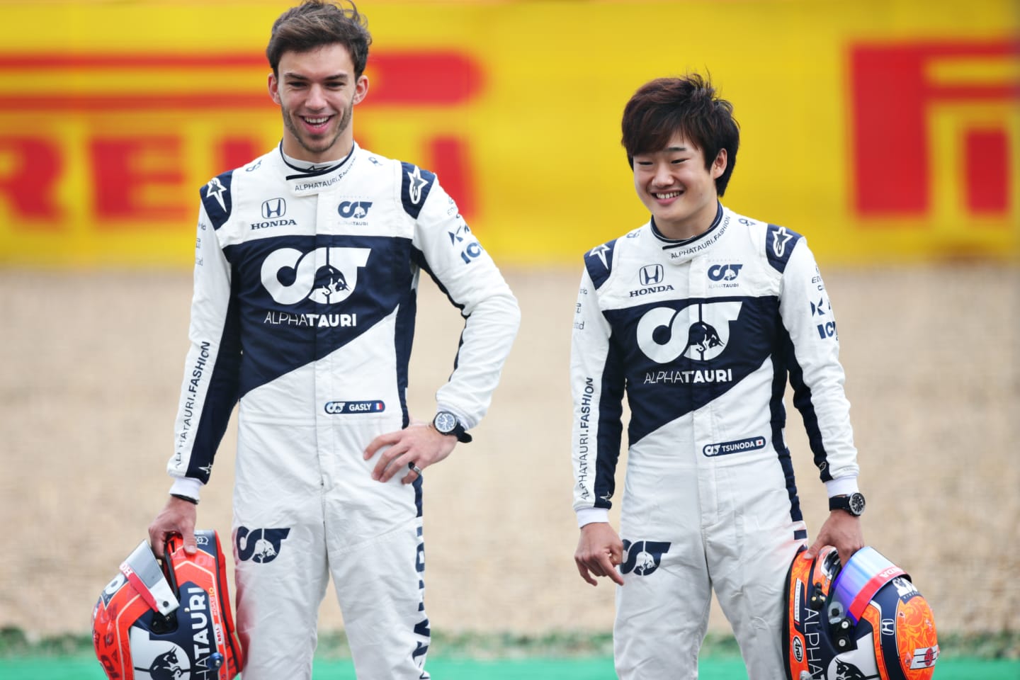 NORTHAMPTON, ENGLAND - JULY 15: Pierre Gasly of France and Scuderia AlphaTauri and Yuki Tsunoda of