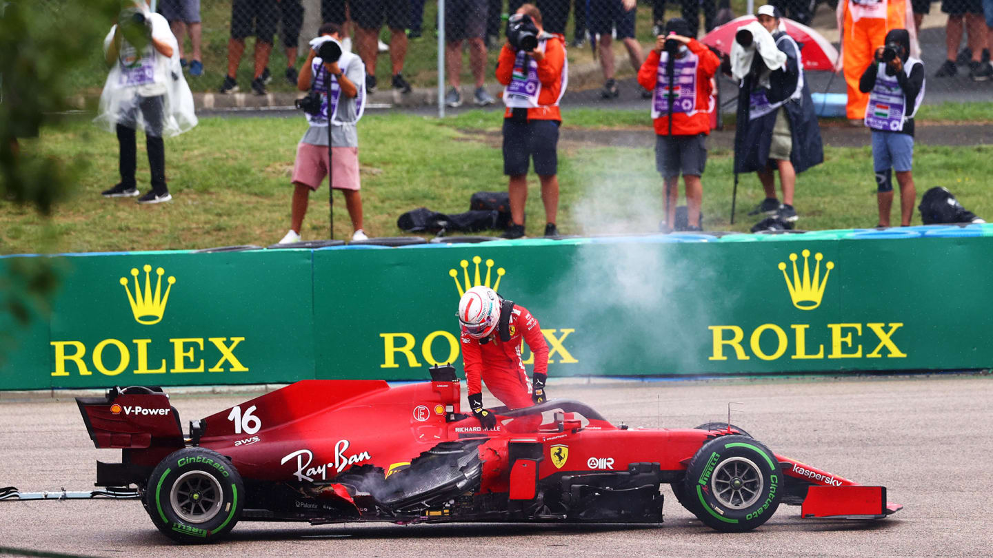 BUDAPEST, HUNGARY - AUGUST 01: Charles Leclerc of Monaco and Ferrari retires from the race during