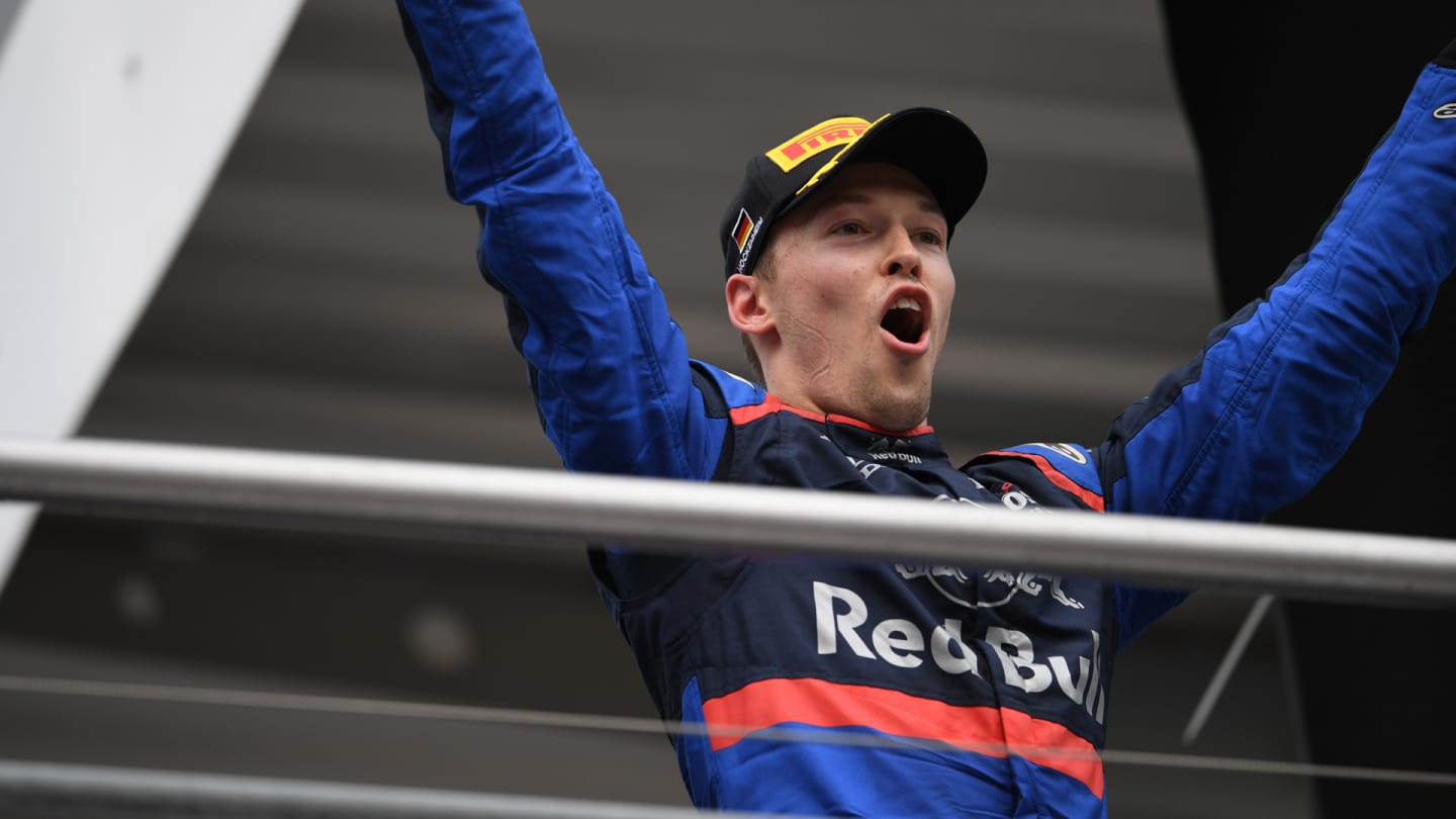 Russian driver Danil Kvyat of Italian team Red Bull Toro Rosso Honda under the podium and in podium