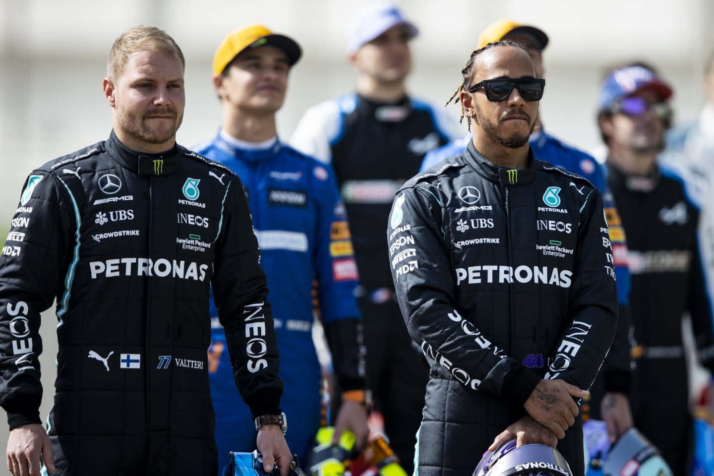 Lewis Hamilton dons his shades for the class of '21 photo. Team mate Valtteri Bottas was hampered by a gearbox issue in the morning