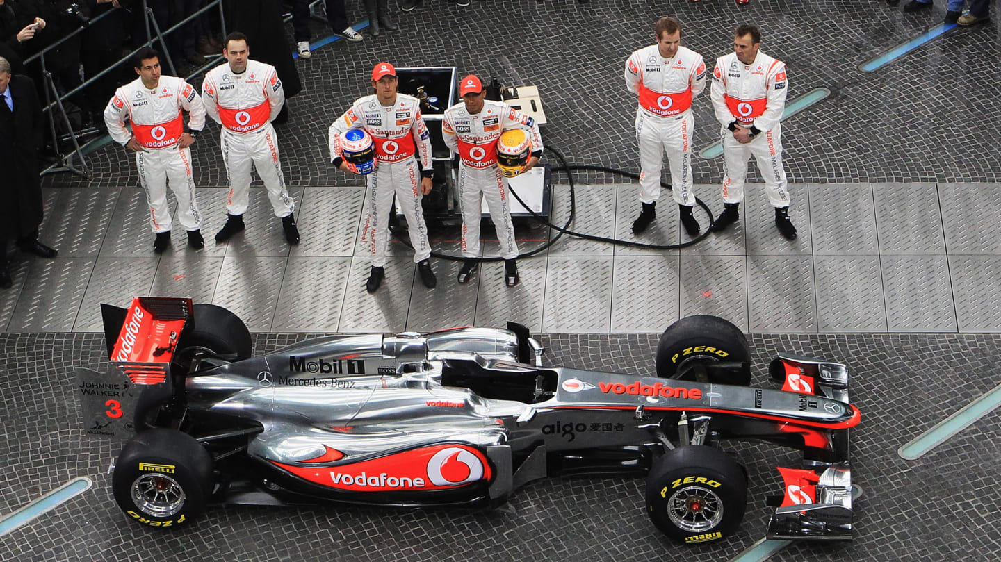 BERLIN, GERMANY - FEBRUARY 04:  Lewis Hamilton of England (3rd R) and Jenson Button (4th R) of