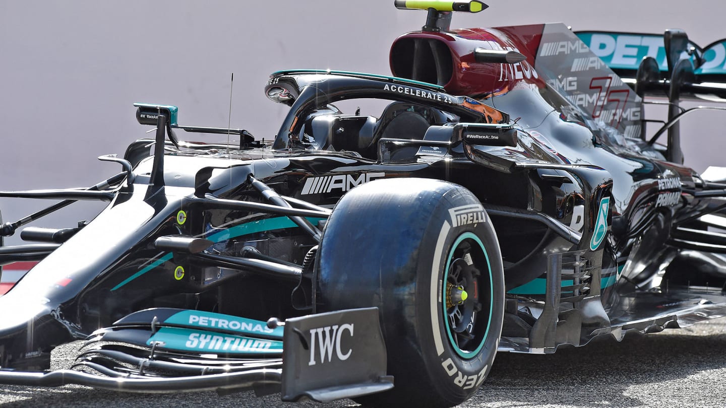 Mercedes' Finnish driver Valtteri Bottas' car is pictured on the track ahead of the first day of