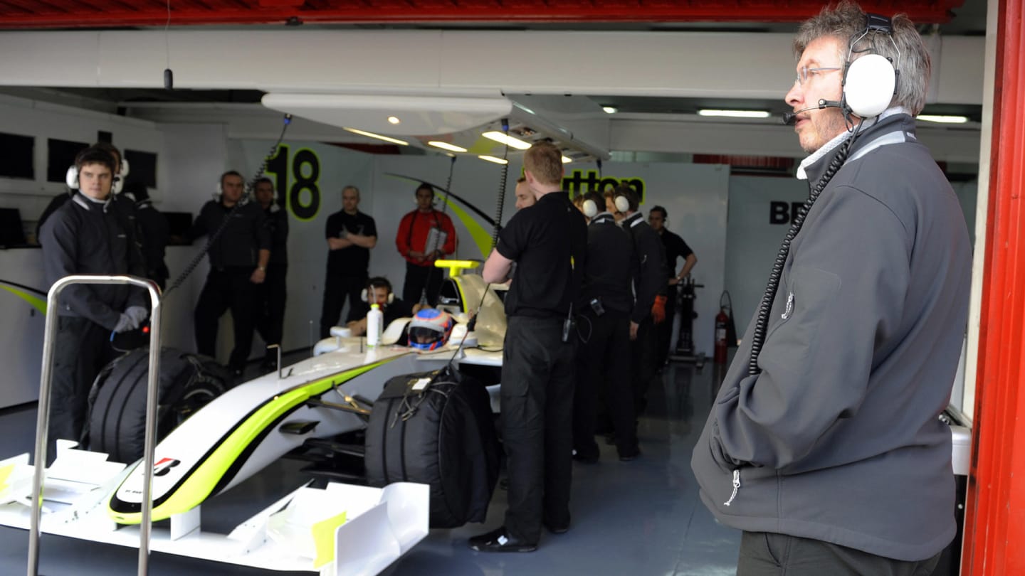 Ross Brawn (R), team principal of Brawn GP is pictured during a training session on March 9, 2009