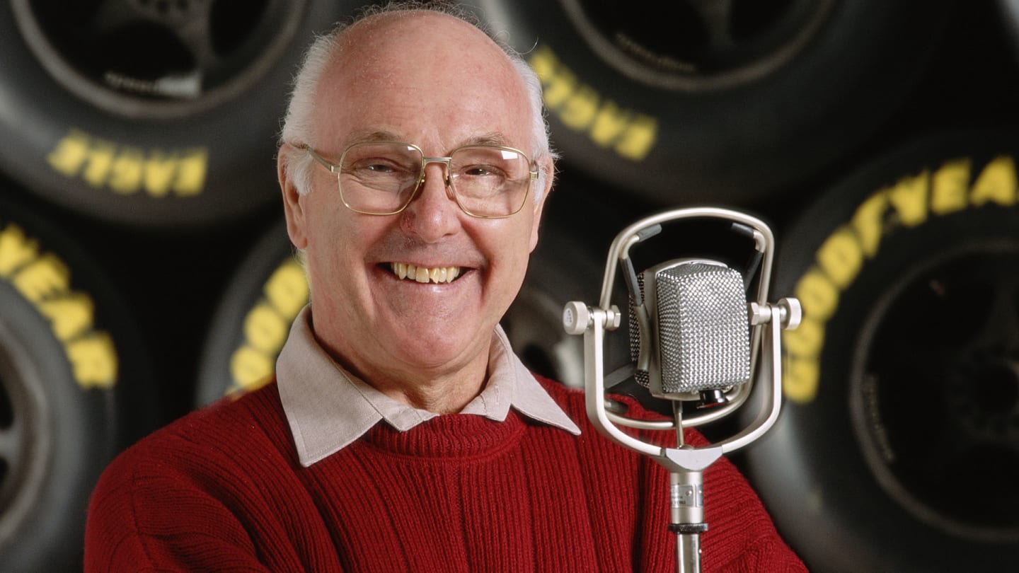 Portrait at the microphone of commentator Murray Walker on 2 February 1993 at the Allsport studio