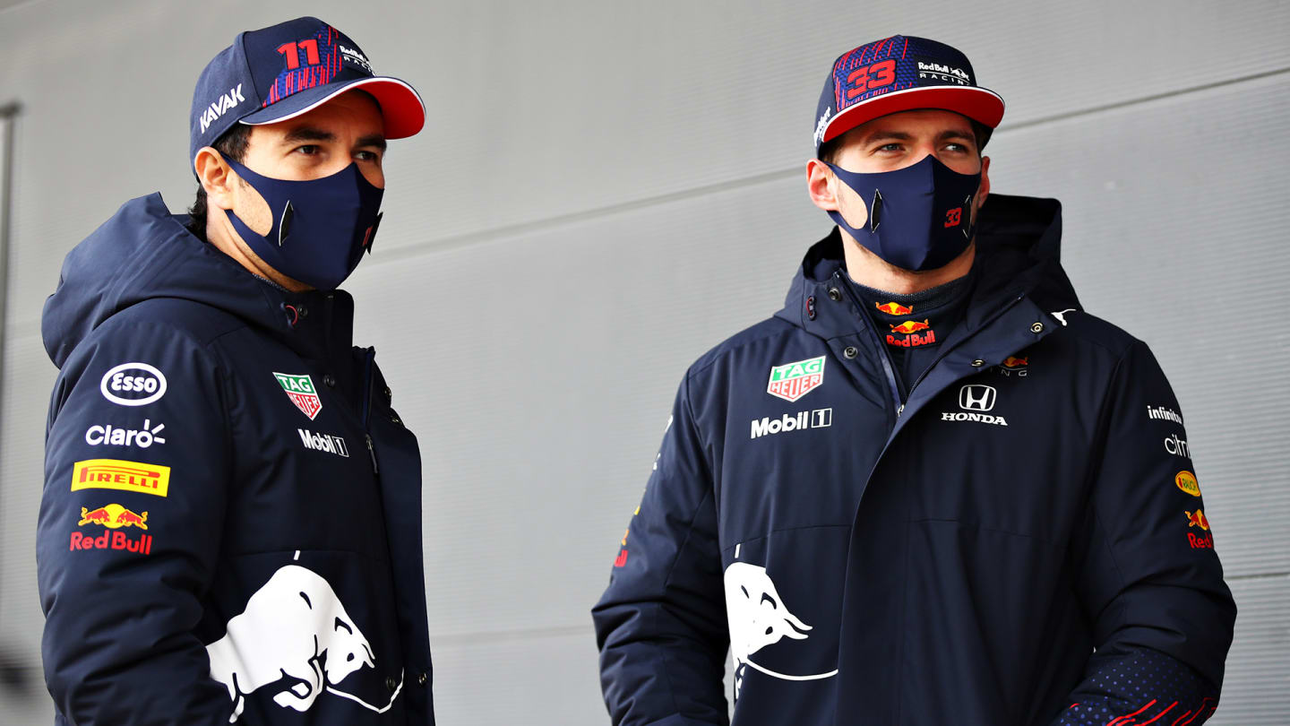 NORTHAMPTON, ENGLAND - FEBRUARY 24: Max Verstappen of Netherlands and Red Bull Racing and Sergio