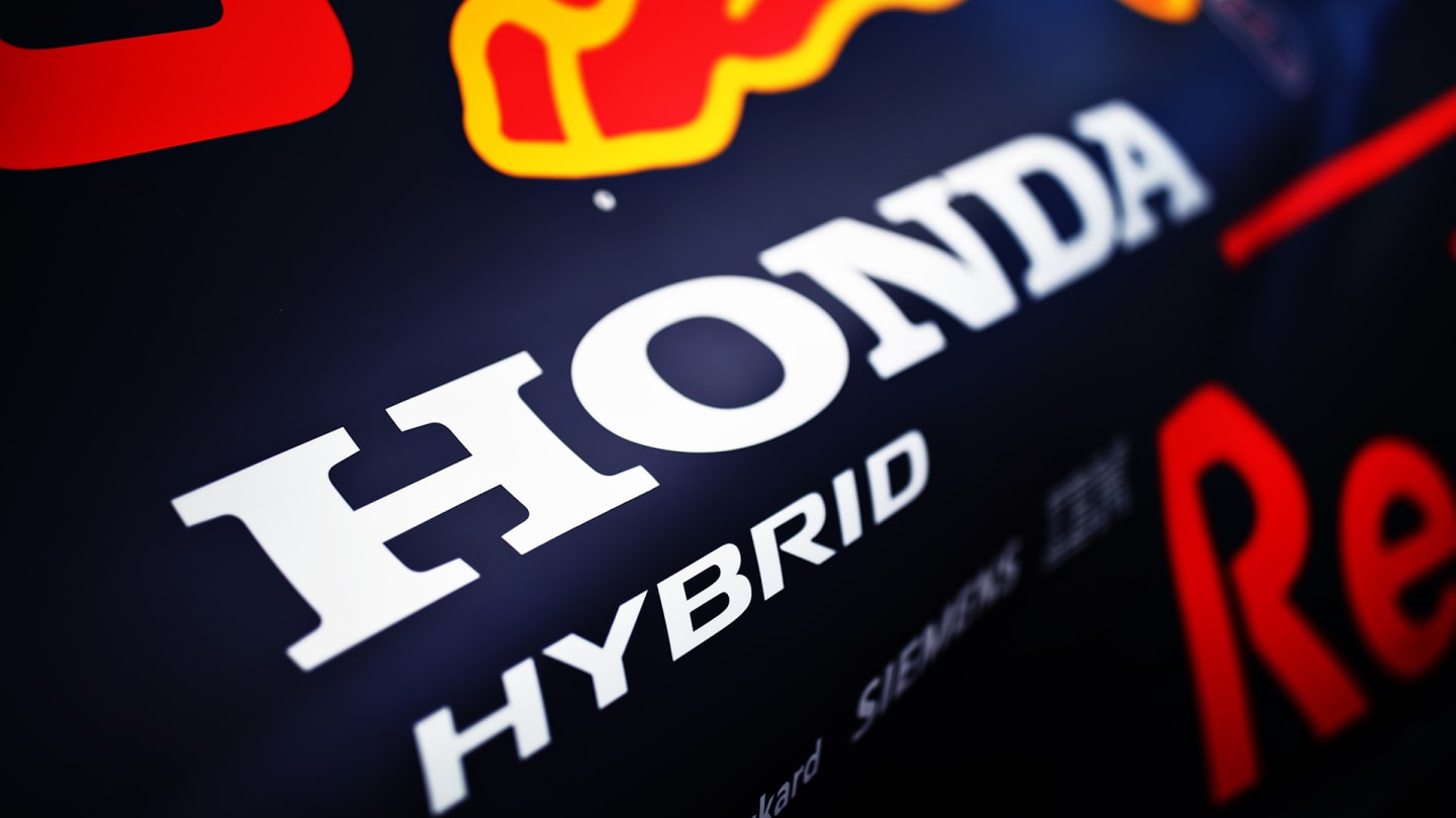NORTHAMPTON, ENGLAND - JULY 30: Honda branding is seen on the Red Bull Racing RB16 during previews