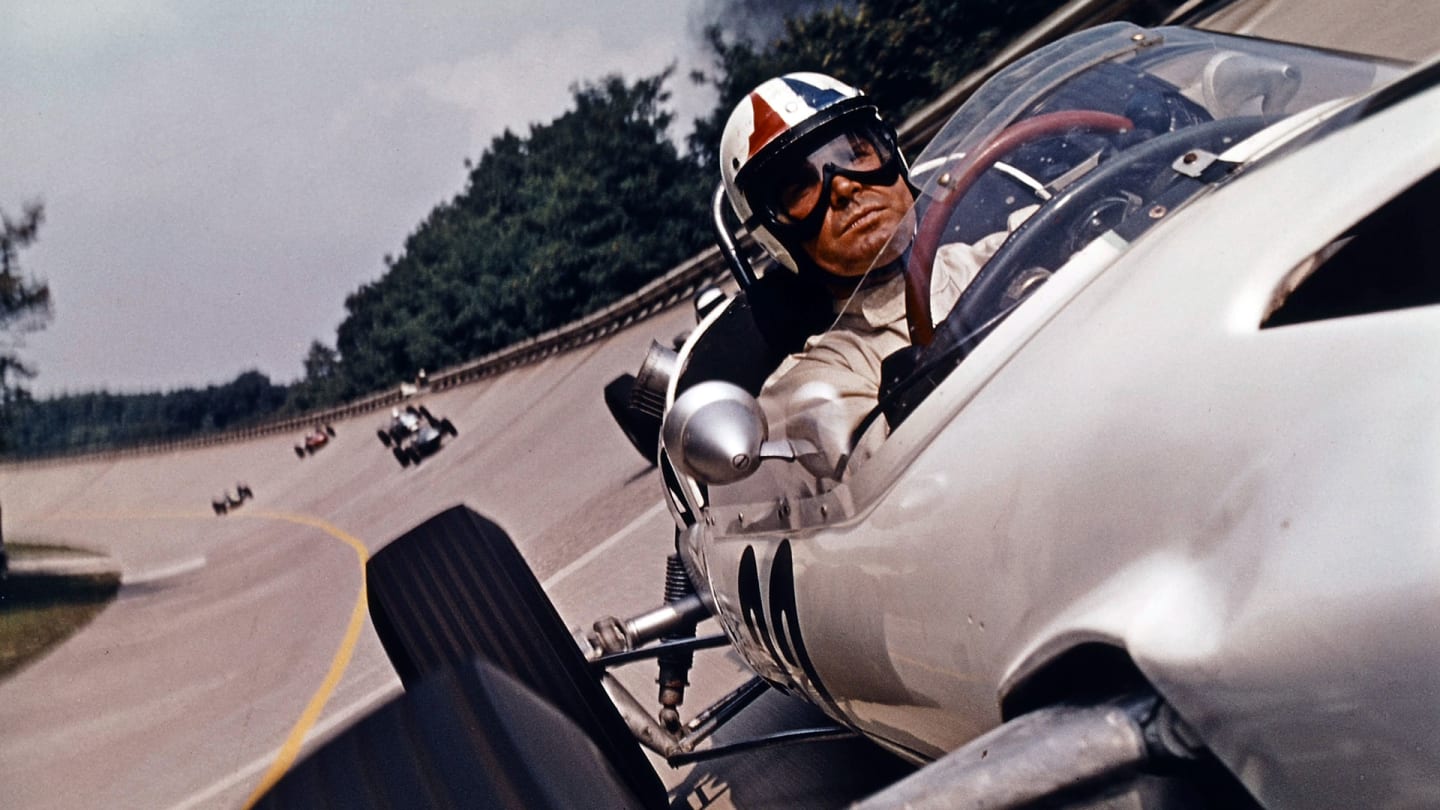 James Garner races in a scene from the film 'Grand Prix', 1966. (Photo by Metro-Goldwyn-Mayer/Getty