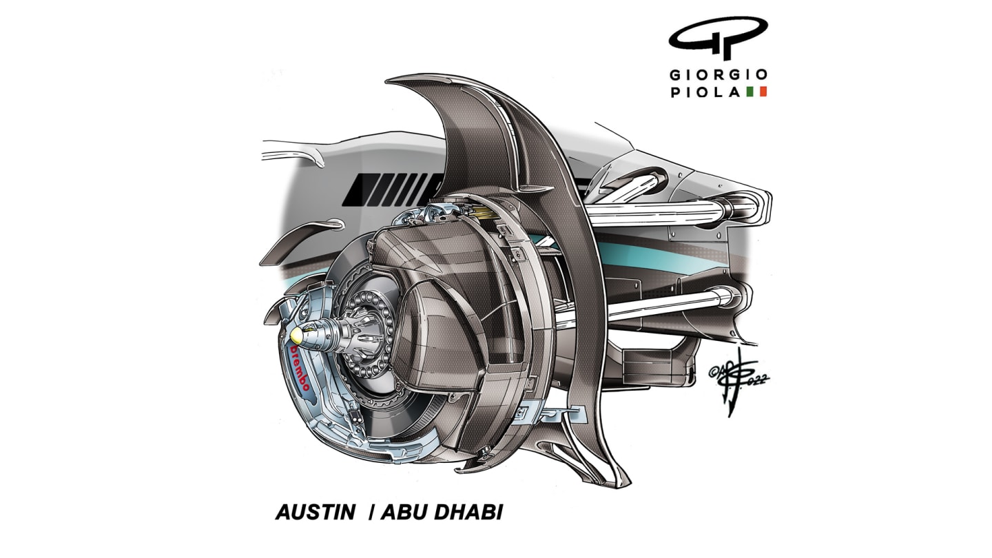 The internal of the Mercedes wheel ducting. In Abu Dhabi – where less brake cooling was required – the more enclosed shrouding meant less heat transference to the tyres...