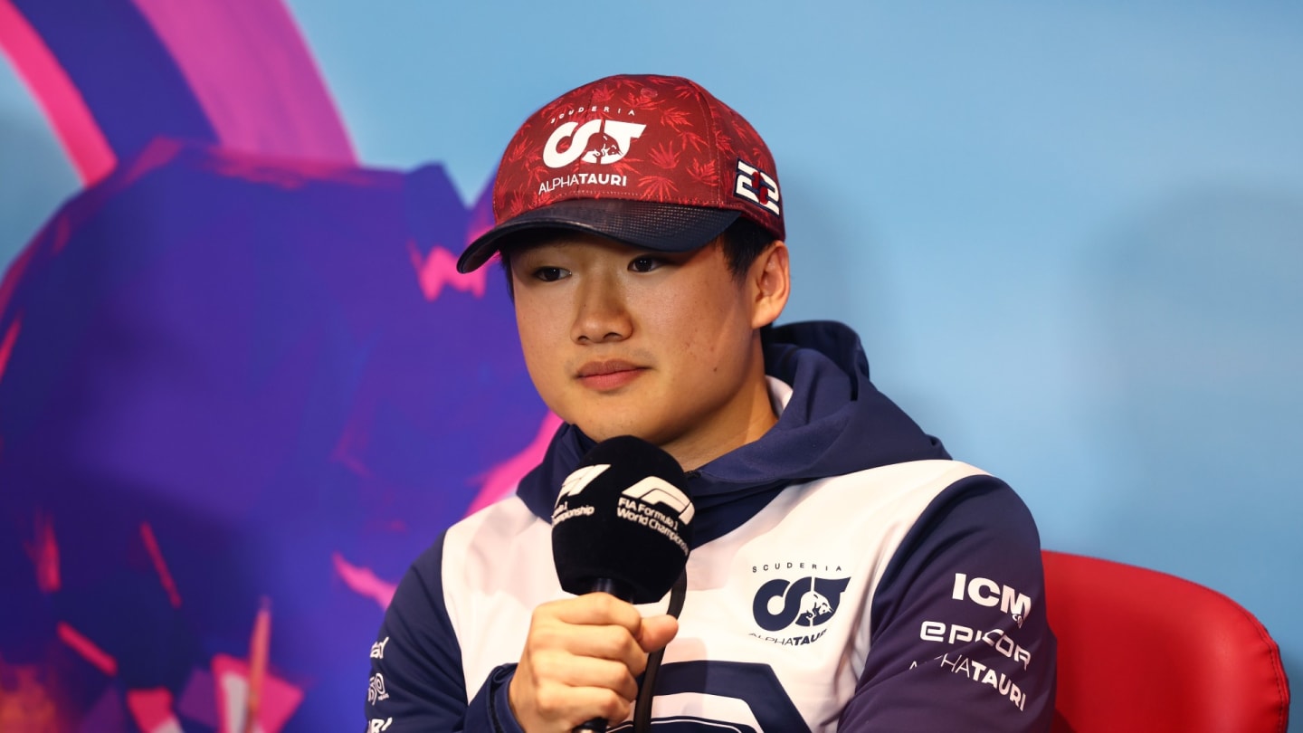 Yuki Tsunoda of Japan and Scuderia AlphaTauri talks in the Drivers Press Conference during previews ahead of the F1 Grand Prix of Austria at Red Bull Ring on July 07, 2022 in Spielberg, Austria. (Photo by Lars Baron/Getty Images)