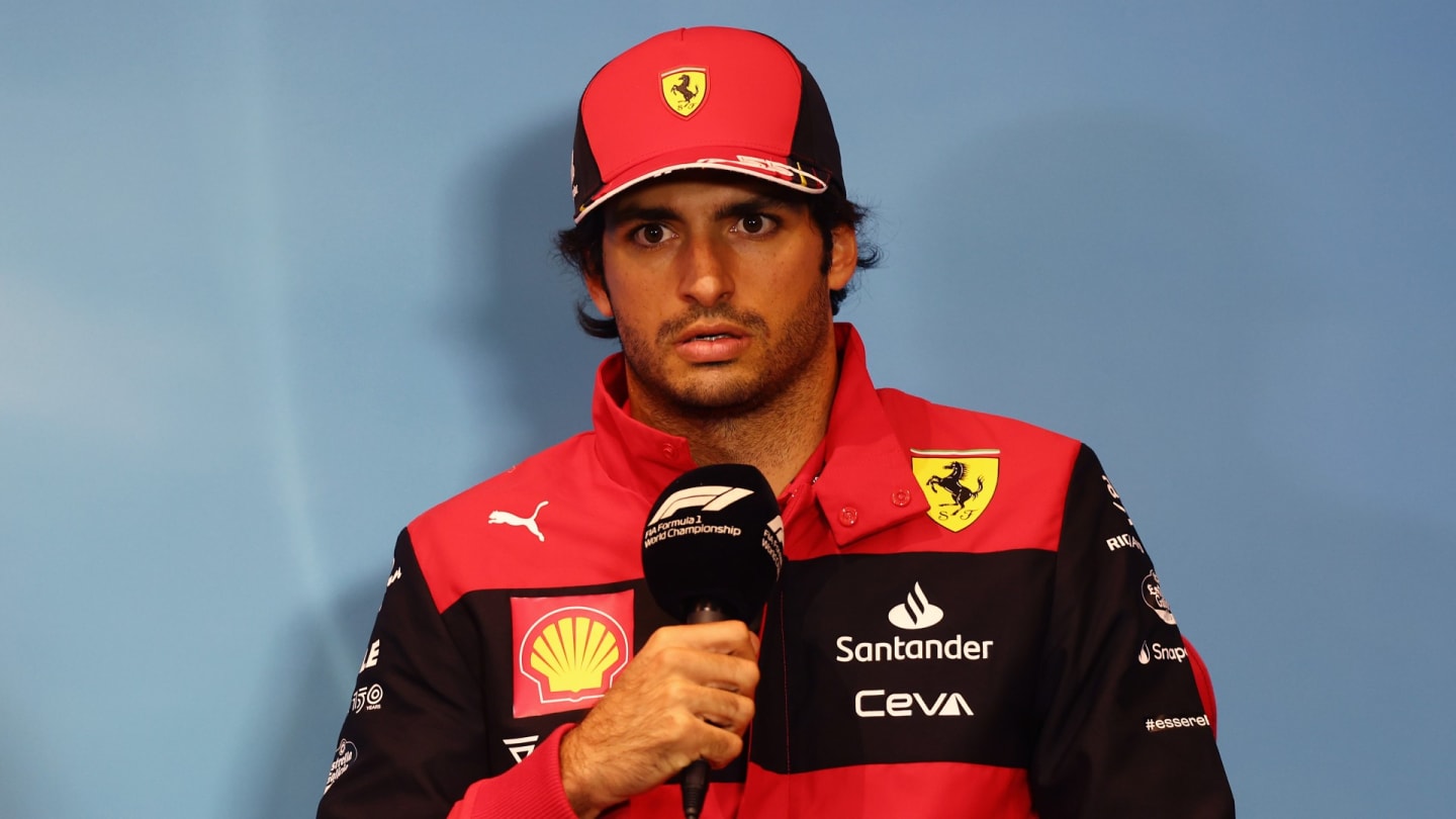 Carlos Sainz of Spain and Ferrari talks in the Drivers Press Conference during previews ahead of the F1 Grand Prix of Austria at Red Bull Ring on July 07, 2022 in Spielberg, Austria. (Photo by Lars Baron/Getty Images)