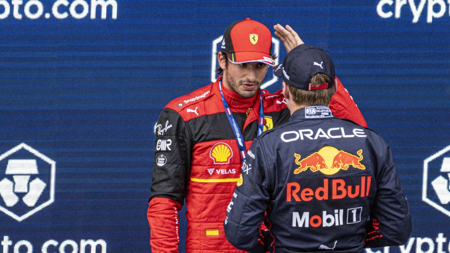  Carlos Sainz of Spain and Ferrari and Max Verstappen of Netherlands and Red Bull after the race during the F1 Grand Prix of Austria - Sprint at Red Bull Ring on July 9, 2022 in Spielberg, Austria. (Photo by Guenther Iby/SEPA.Media /Getty Images)