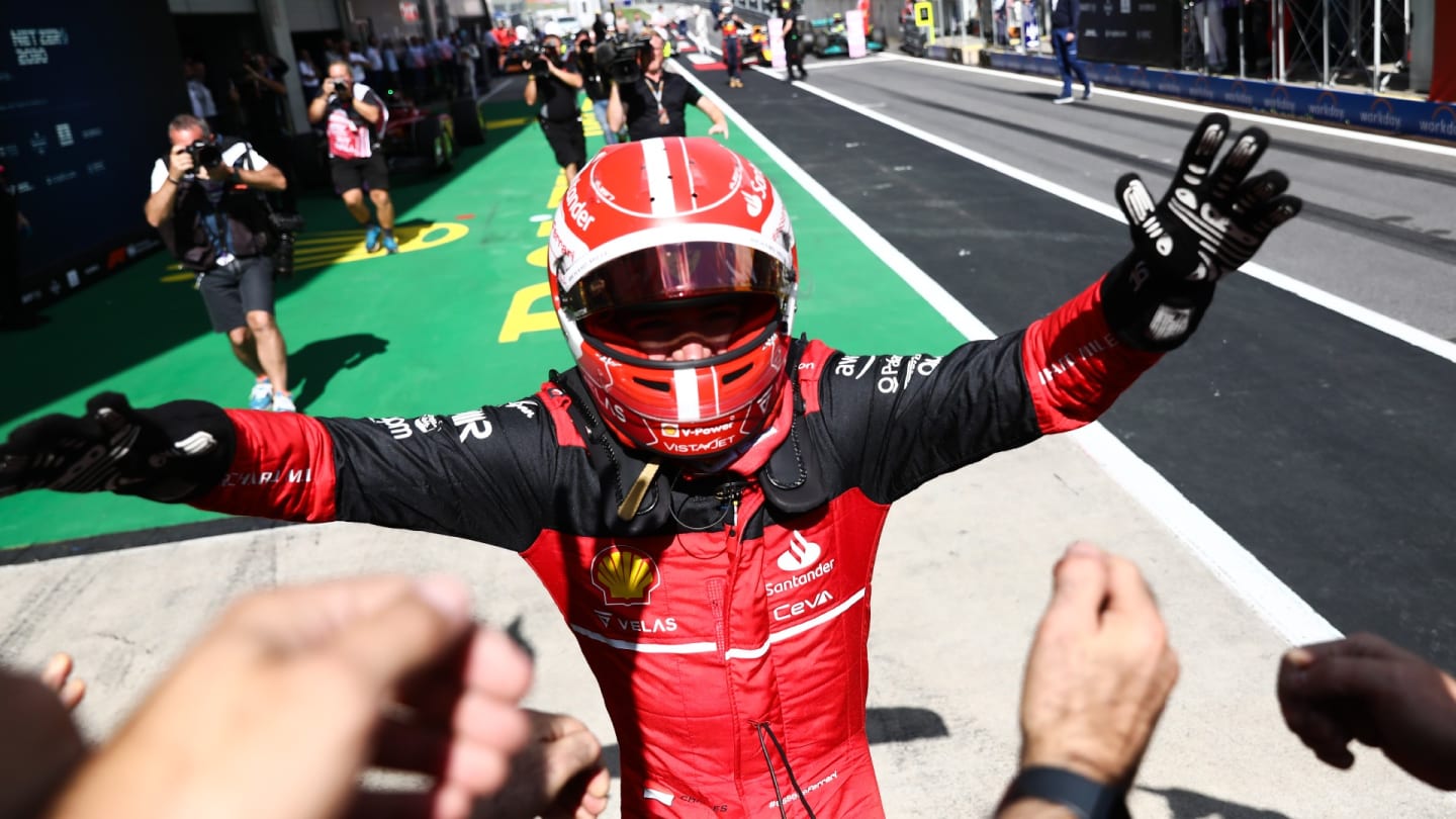 Charles Leclerc of Ferrari celebrates after he won the Formula 1 Austrian Grand Prix at Red Bull Ring in Spielberg, Austria on July 10, 2022. (Photo by Jakub Porzycki/NurPhoto via Getty Images)