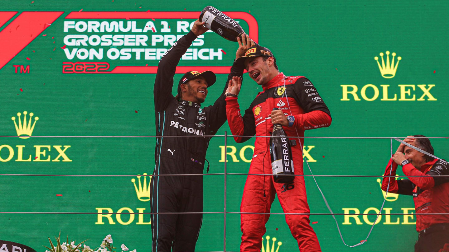 Podium of the F1 Austrian GP 2022 - Charles Leclerc (MON) Ferrari F1-75; Max Verstappen (NED) Redbull Racing RB18: Lewis Hamilton (GBR) Mercedes W13 E Performance during the Formula 1 Championship 2022 Austrian Grand Prix - Race on July 10, 2022 at the Red Bull Ring in Spielberg, Austria (Photo by Alessio De Marco/LiveMedia/NurPhoto via Getty Images)