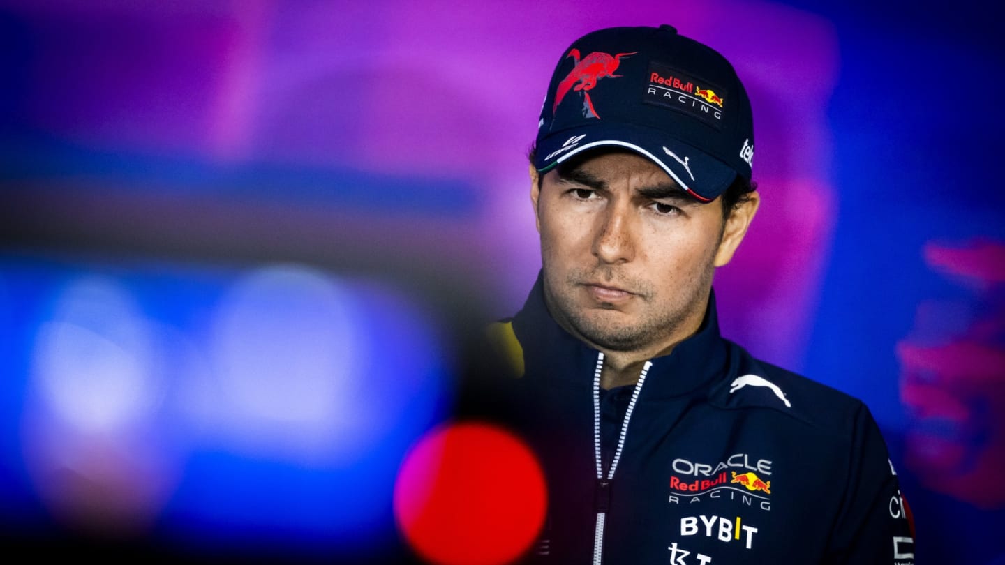  Sergio Perez (Oracle Red Bull Racing) during a press conference at the Silverstone circuit ahead of the Great Britain Grand Prix. REMKO DE WAAL (Photo by ANP via Getty Images)