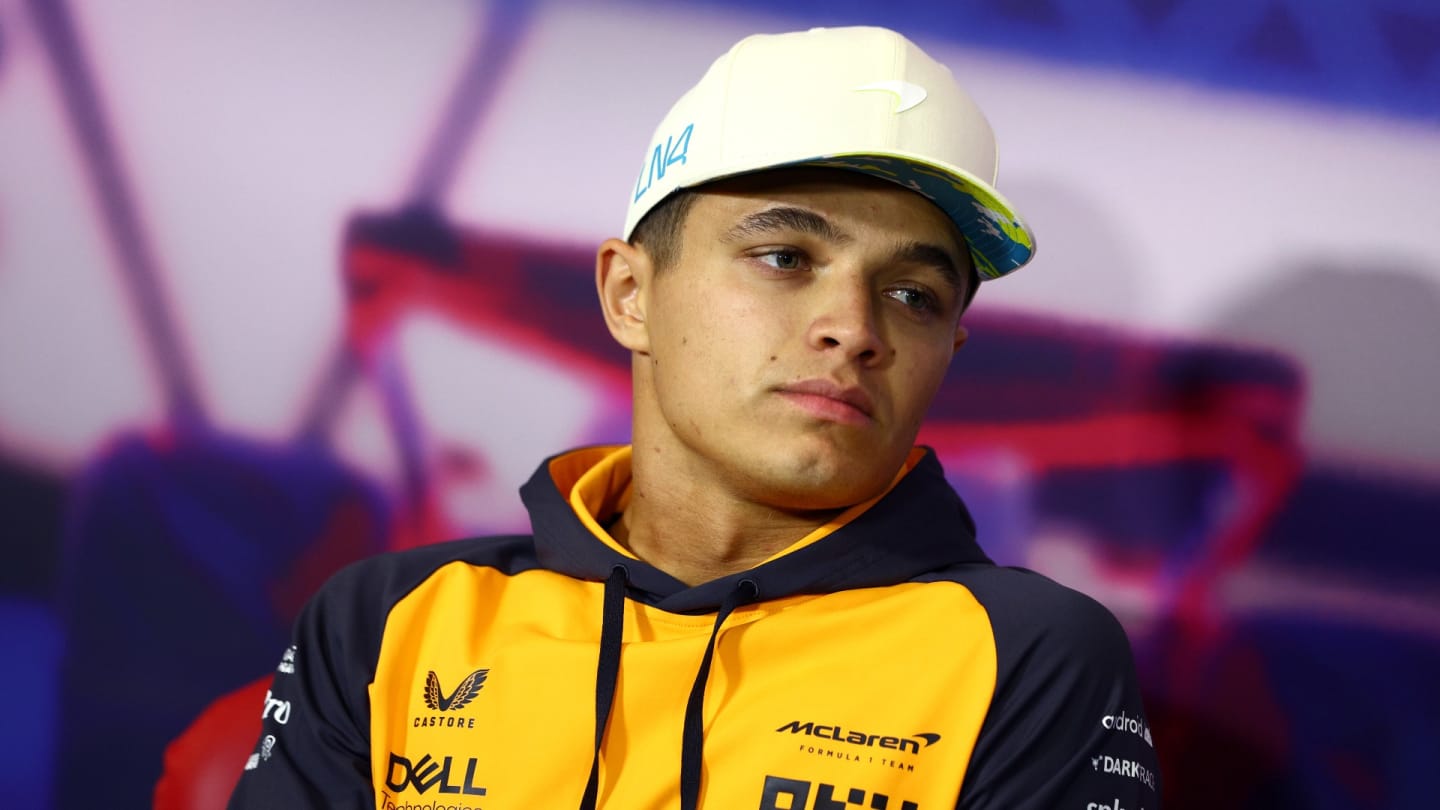 Lando Norris of Great Britain and McLaren looks on in the Drivers Press Conference during previews ahead of the F1 Grand Prix of Great Britain at Silverstone on June 30, 2022 in Northampton, England. (Photo by Clive Rose/Getty Images)