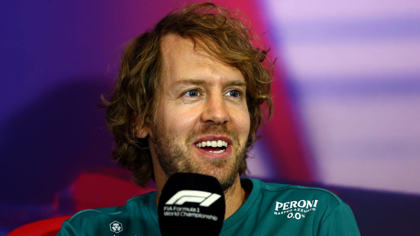 Sebastian Vettel of Germany and Aston Martin F1 Team talks in the Drivers Press Conference during previews ahead of the F1 Grand Prix of Great Britain at Silverstone on June 30, 2022 in Northampton, England. (Photo by Clive Rose/Getty Images)