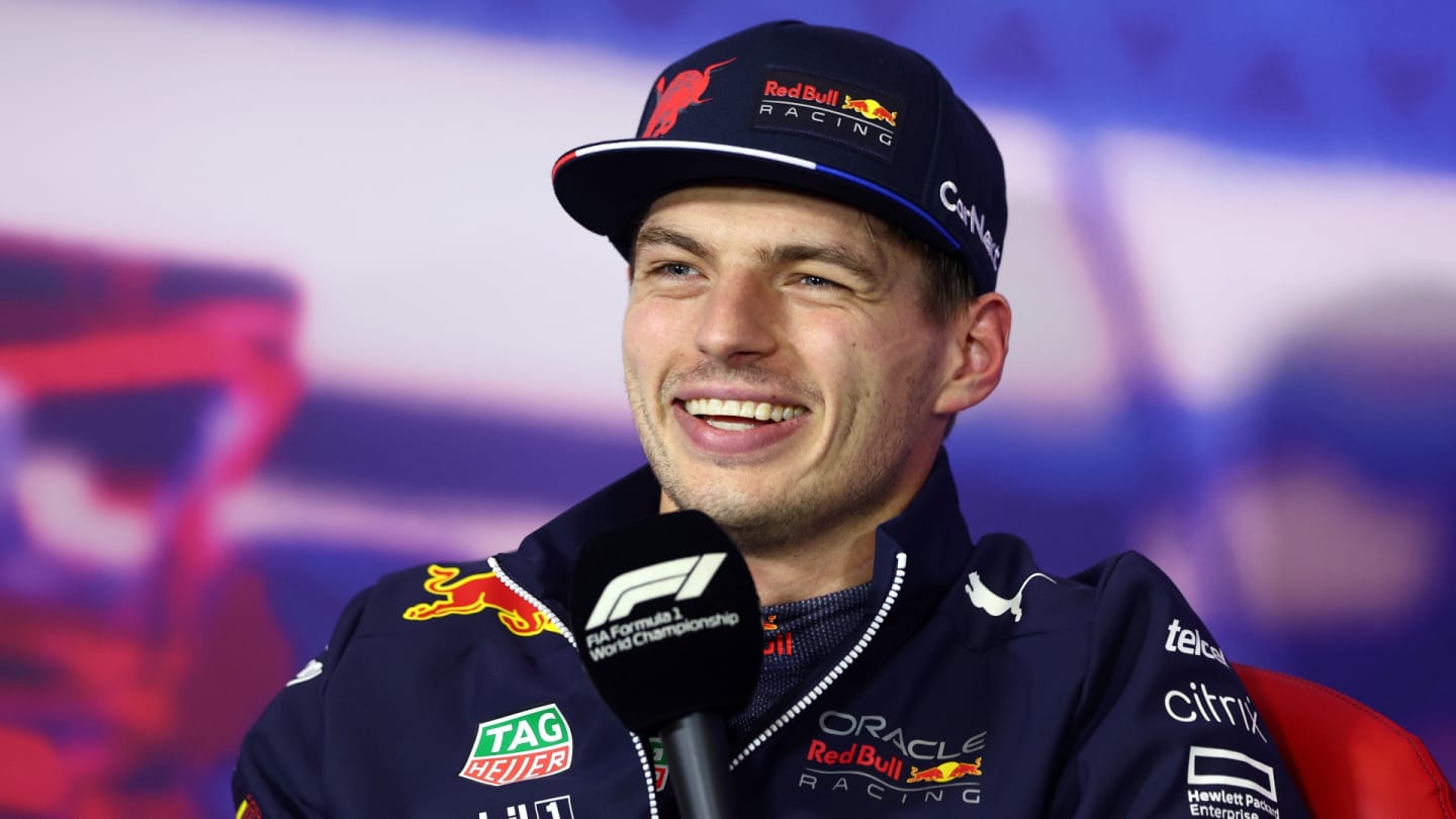 Second placed qualifier Max Verstappen of the Netherlands and Oracle Red Bull Racing attends the press conference after qualifying ahead of the F1 Grand Prix of Great Britain at Silverstone on July 02, 2022 in Northampton, England. (Photo by Clive Rose/Getty Images)