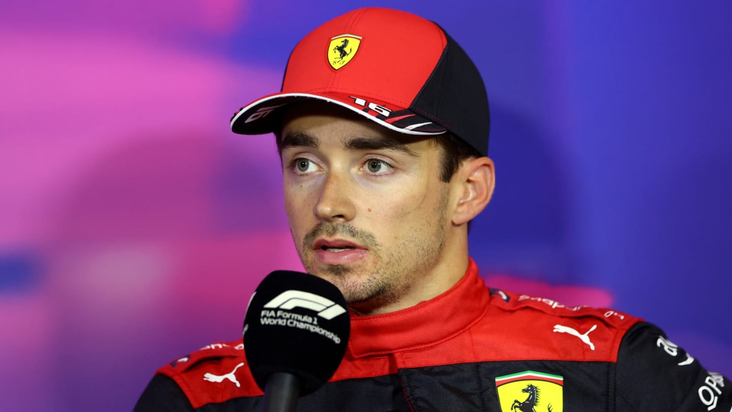  Third placed Charles Leclerc of Monaco and Ferrari attends the press conference after qualifying ahead of the F1 Grand Prix of Great Britain at Silverstone on July 02, 2022 in Northampton, England. (Photo by Clive Rose/Getty Images)