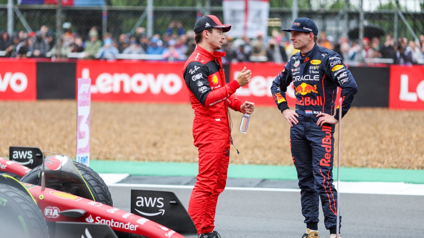 Charles Leclerc of Ferrari and Monaco and Max Verstappen of Red Bull Racing and The Netherlands during qualifying ahead of the F1 Grand Prix of Great Britain at Silverstone on July 02, 2022 in Northampton, England. (Photo by Peter J Fox/Getty Images)