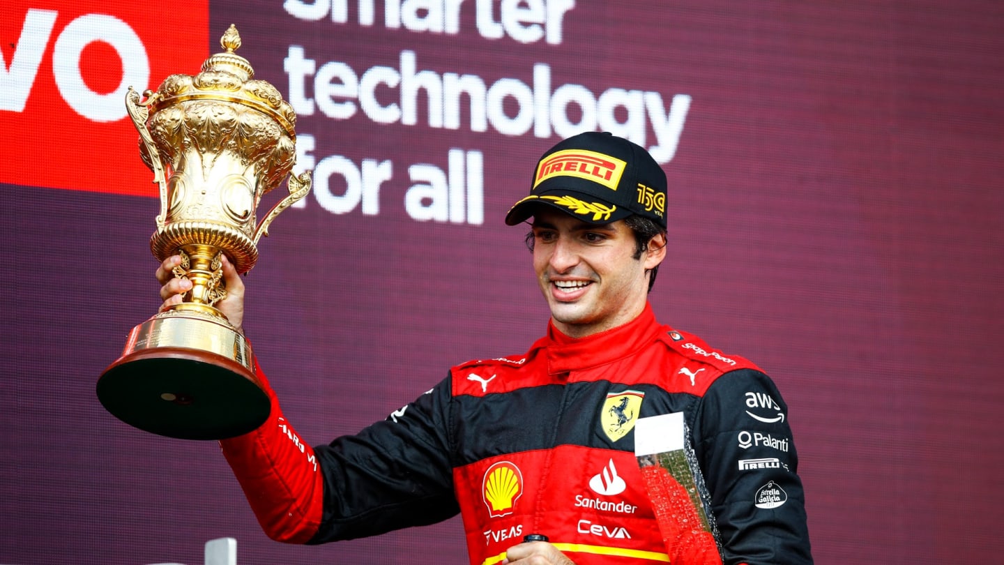 Carlos Sainz, Scuderia Ferrari, portrait celebrating his first victory in F1 podium during the Formula 1 Grand Prix of Great Britain at Silverstone circuit from 31st of June to 3rd of July, 2022 in Northampton, England. (Photo by Gongora/NurPhoto via Getty Images)