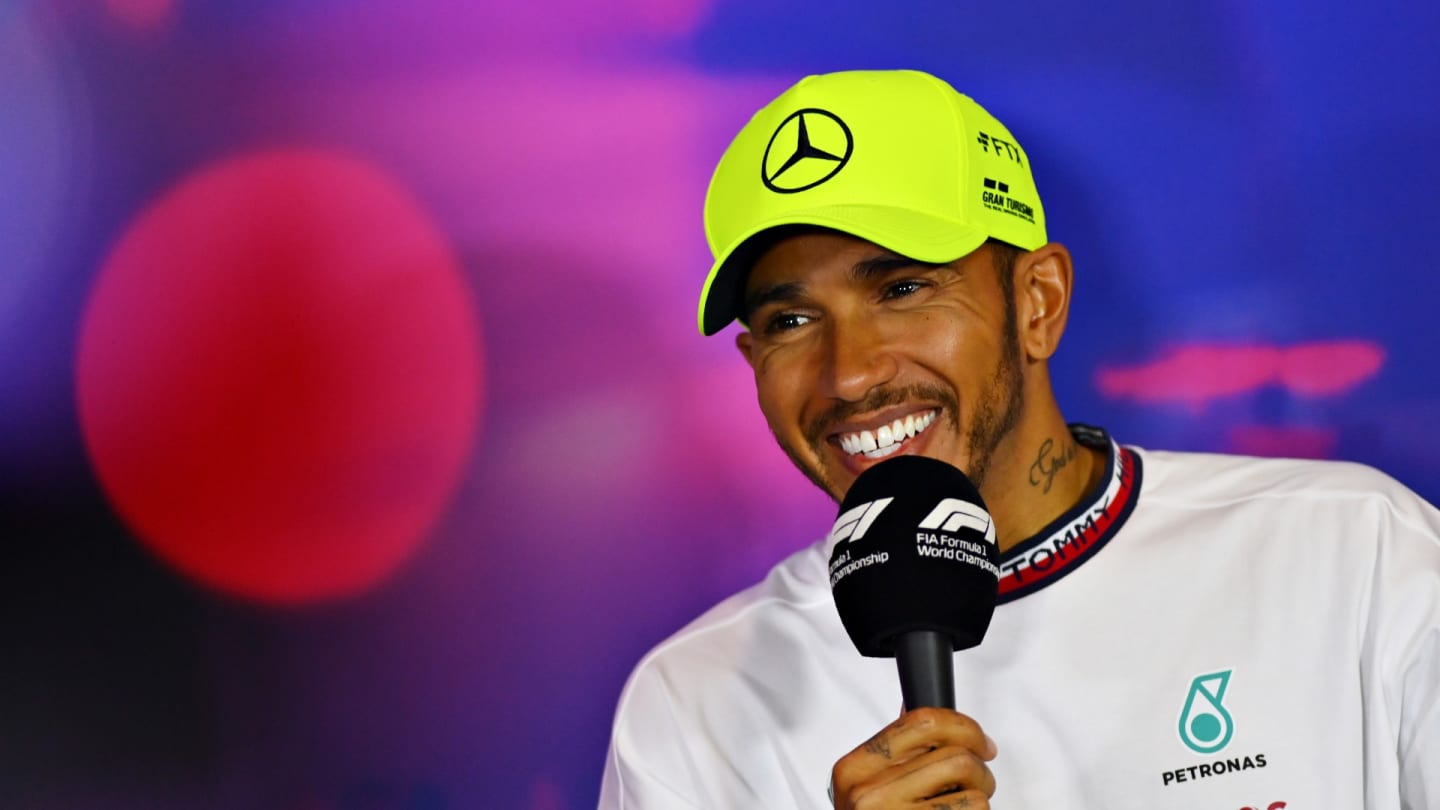 Third placed Lewis Hamilton of Great Britain and Mercedes talks in the drivers press conference following the F1 Grand Prix of Great Britain at Silverstone on July 03, 2022 in Northampton, England. (Photo by Dan Mullan/Getty Images)