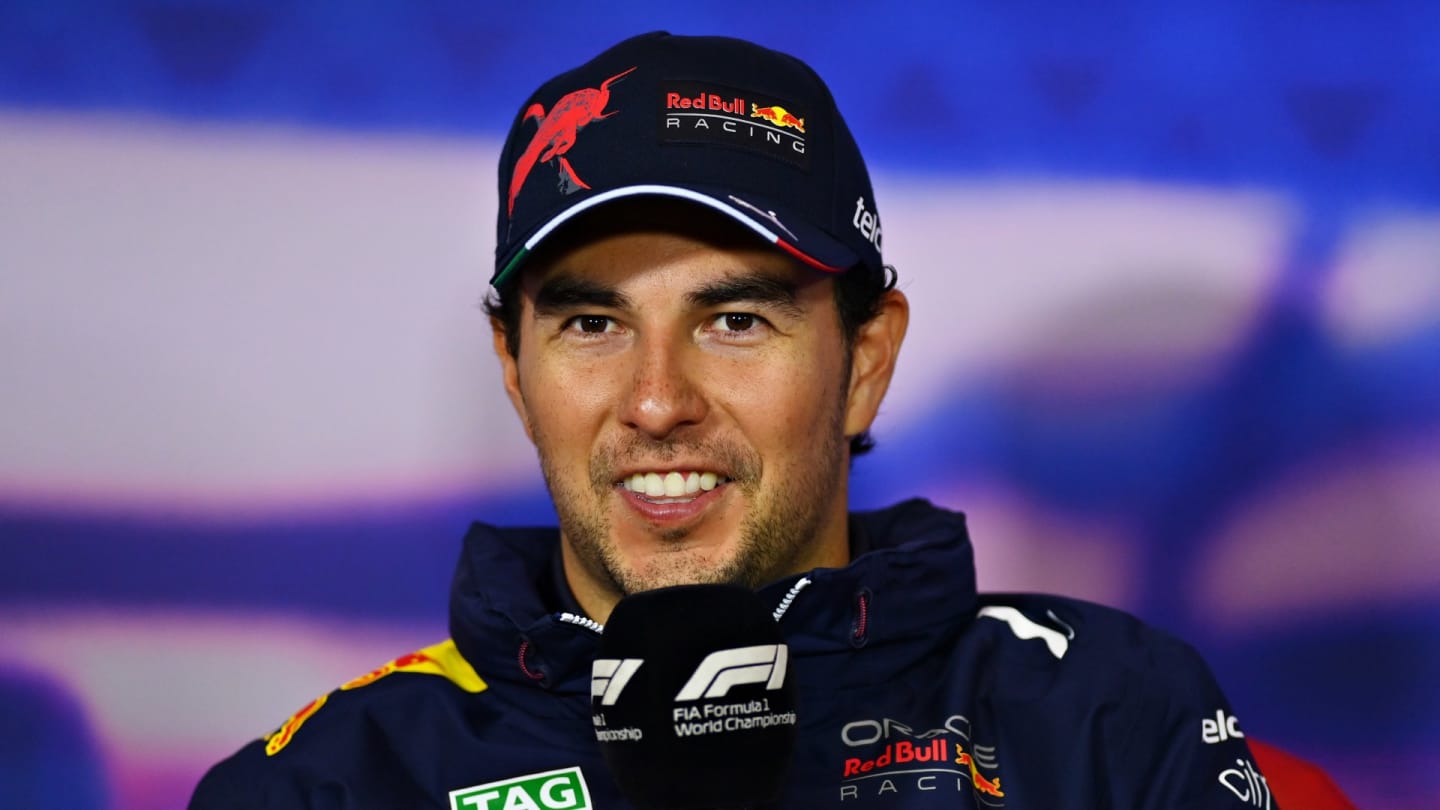 Second placed Sergio Perez of Mexico and Oracle Red Bull Racing talks in the drivers press conference following the F1 Grand Prix of Great Britain at Silverstone on July 03, 2022 in Northampton, England. (Photo by Dan Mullan/Getty Images)