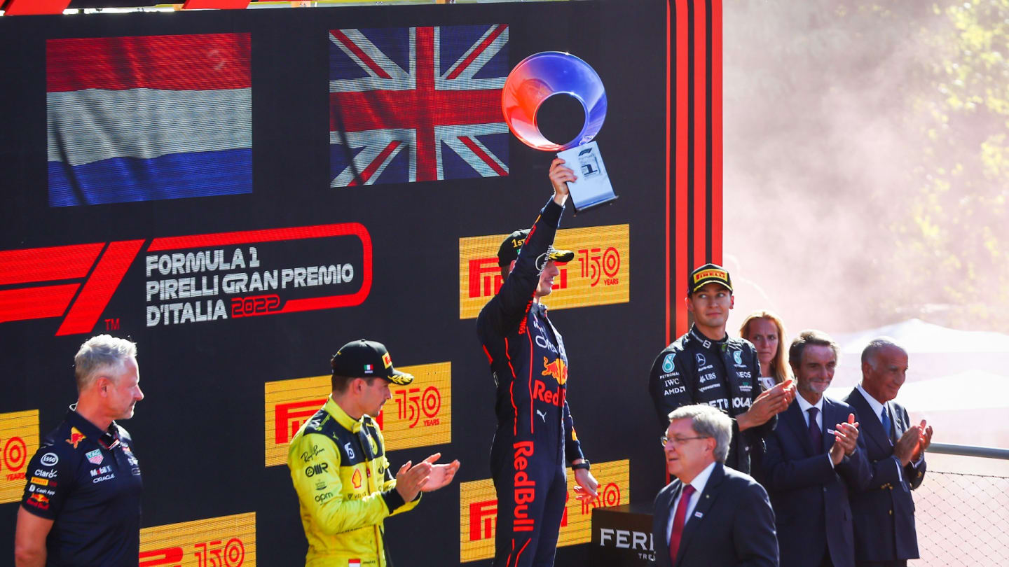 MONZA, ITALY - SEPTEMBER 11: A general view as Race winner Max Verstappen of the Netherlands and Oracle Red Bull Racing celebrates on the podium during the F1 Grand Prix of Italy at Autodromo Nazionale Monza on September 11, 2022 in Monza, Italy. (Photo by Mark Thompson/Getty Images)