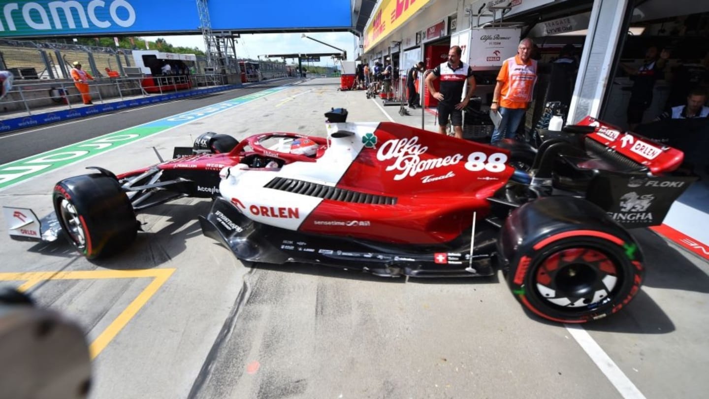 Alfa Romeo's Finnish driver Valtteri Bottas rolls out from the pit lane during the first free