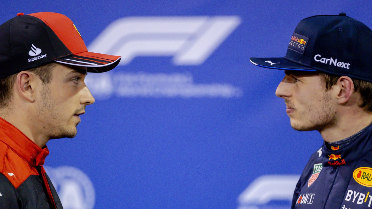 BAHRAIN - Charles Leclerc of Ferrari and Max Verstappen of Red Bull Racing after qualifying for the