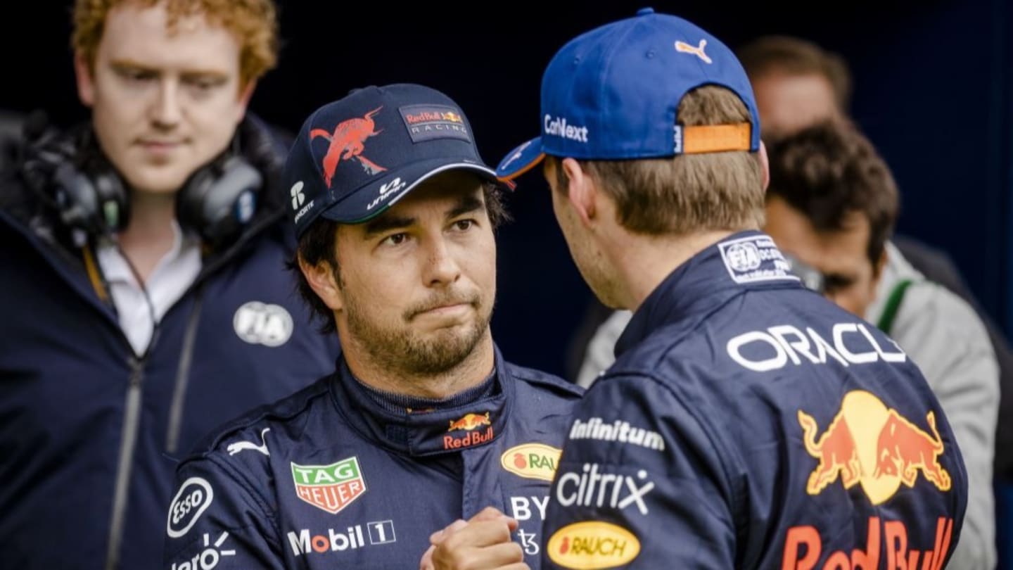 SPA - Sergio Perez (Red Bull Racing) and Max Verstappen (Red Bull Racing) after winning qualifying