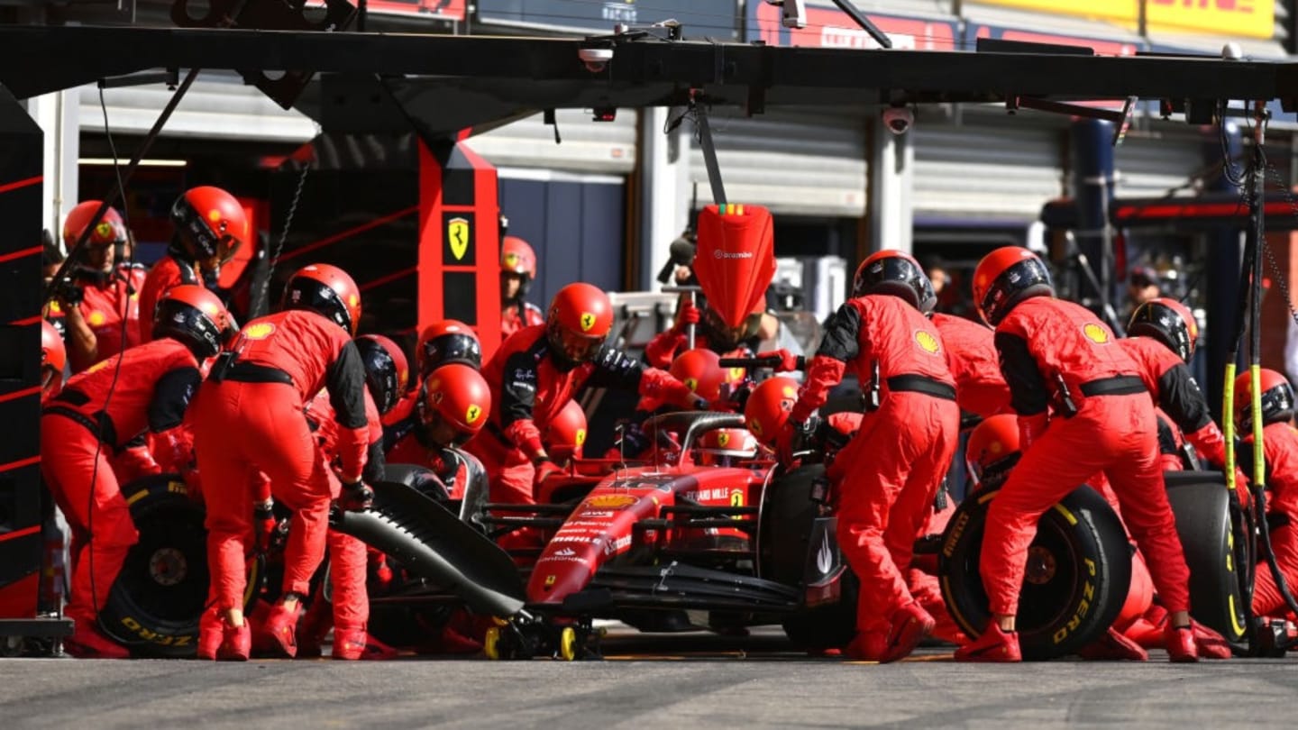 SPA, BELGIUM - AUGUST 28: Charles Leclerc of Monaco driving the (16) Ferrari F1-75 makes a pits