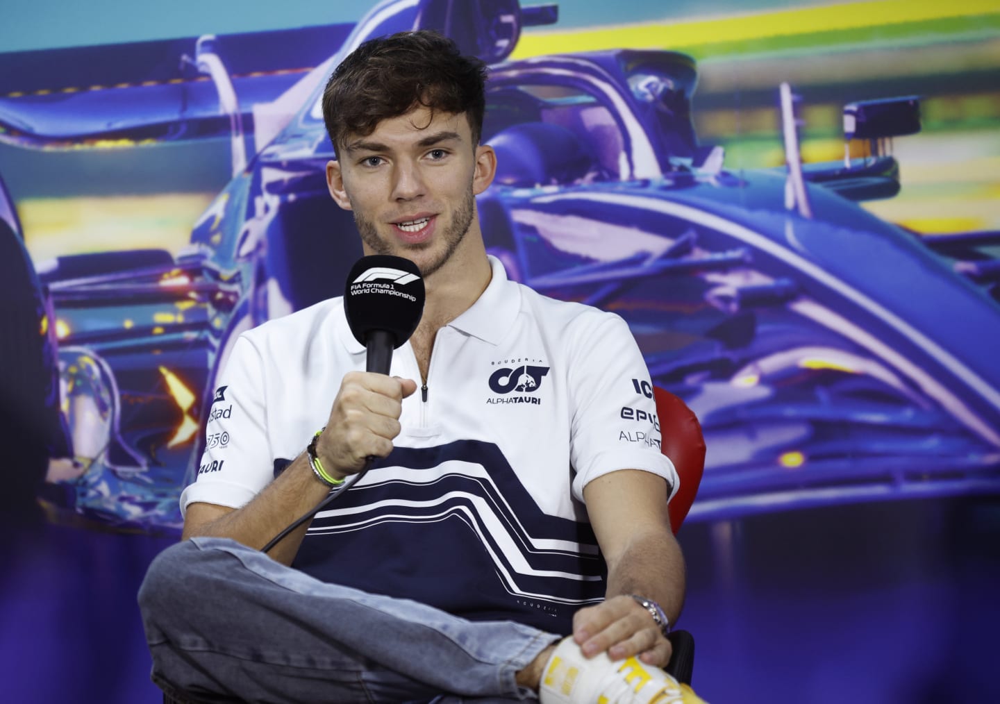 SAO PAULO, BRAZIL - NOVEMBER 10: Pierre Gasly of France and Scuderia AlphaTauri attends the Drivers Press Conference during previews ahead of the F1 Grand Prix of Brazil at Autodromo Jose Carlos Pace on November 10, 2022 in Sao Paulo, Brazil. (Photo by Jared C. Tilton/Getty Images)