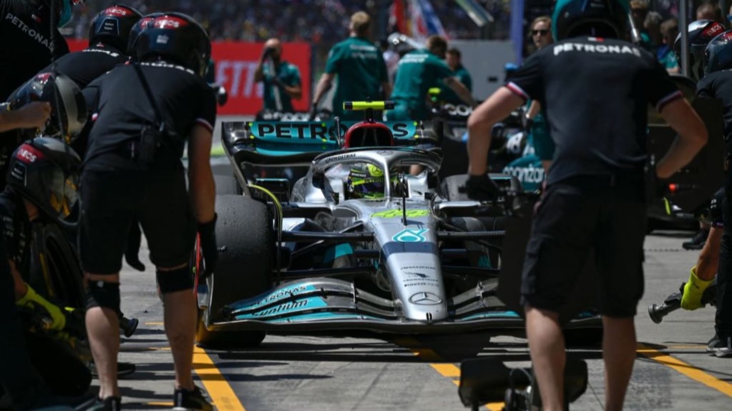 Mercedes' British driver Lewis Hamilton makes a pit stop during the second practice session at the