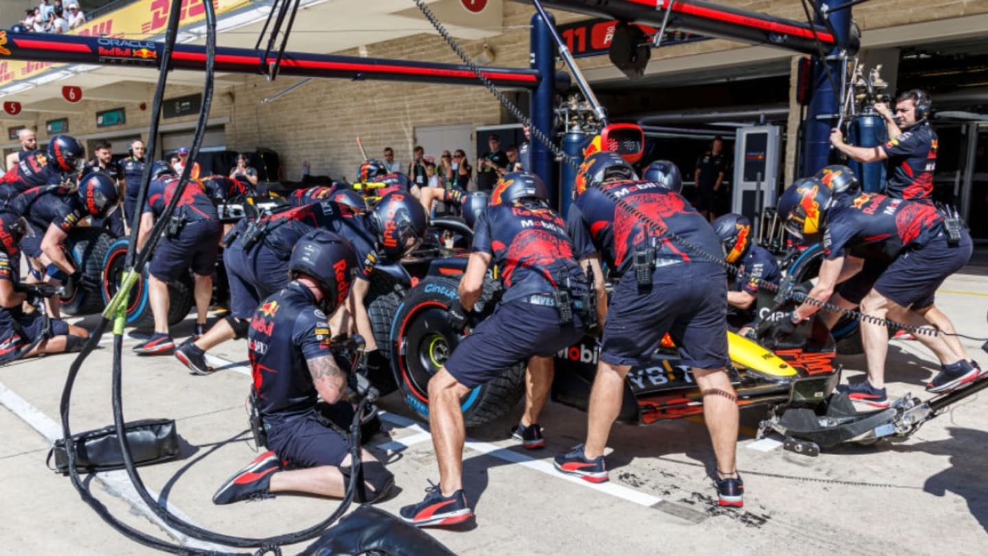 AUSTIN, TX - OCTOBER 22: Red Bull team practice a pit stop in the pits before P3 at the F1 United