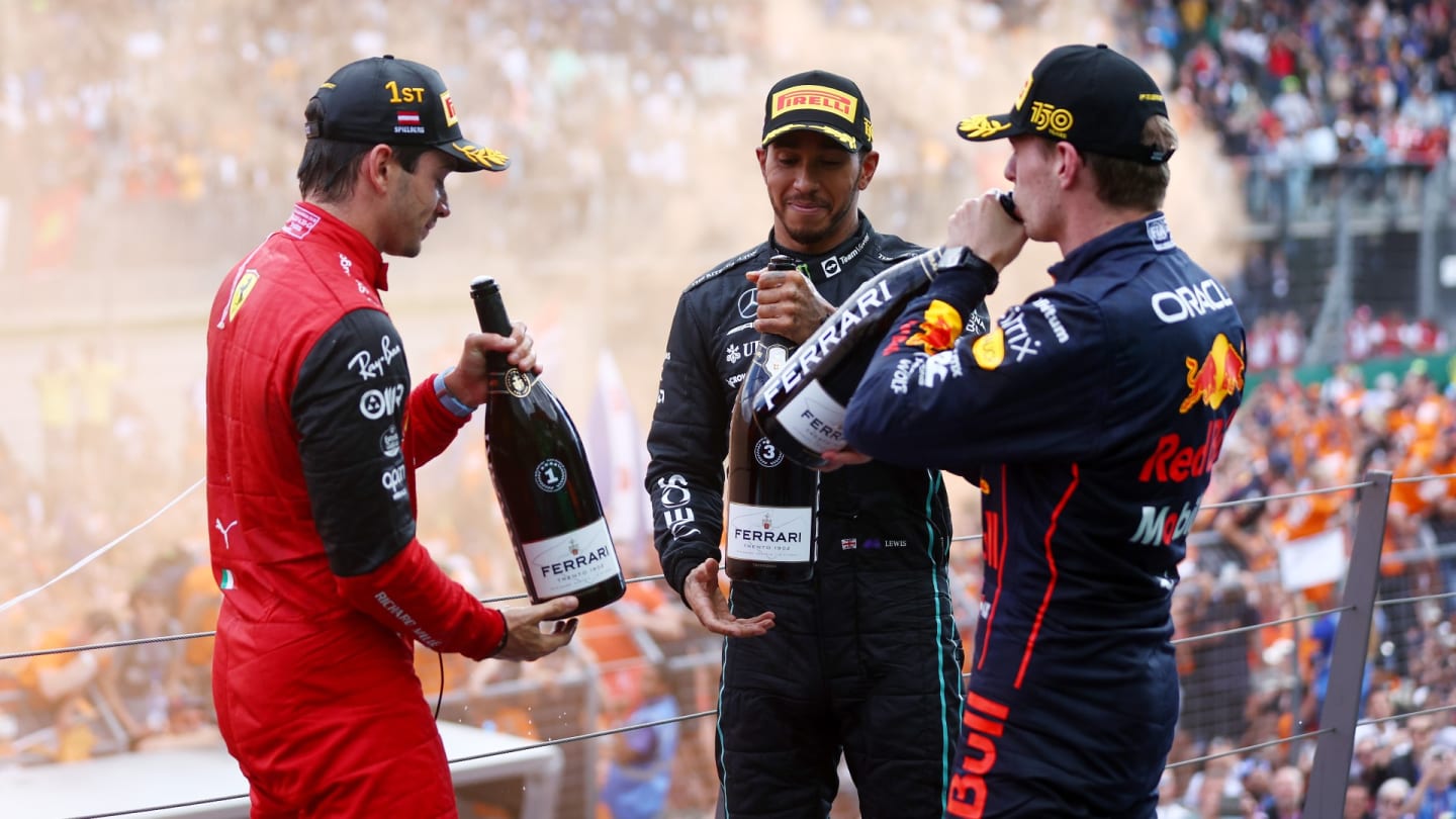 SPIELBERG, AUSTRIA - JULY 10: Race winner Charles Leclerc of Monaco and Ferrari, Second placed Max