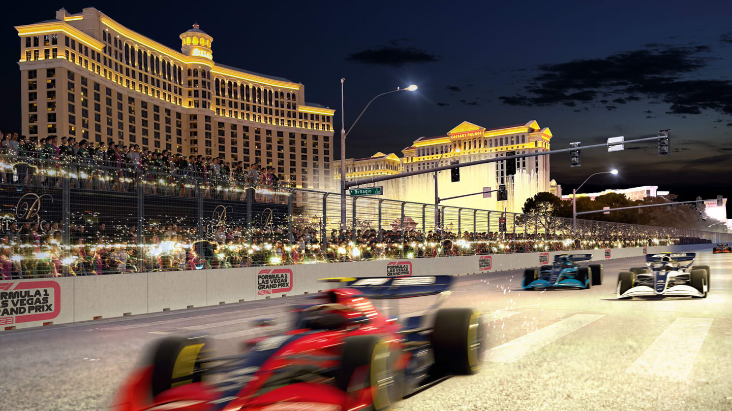 Los autos de F1 corriendo frente al casino de Las Vegas | Foto: ESPN    