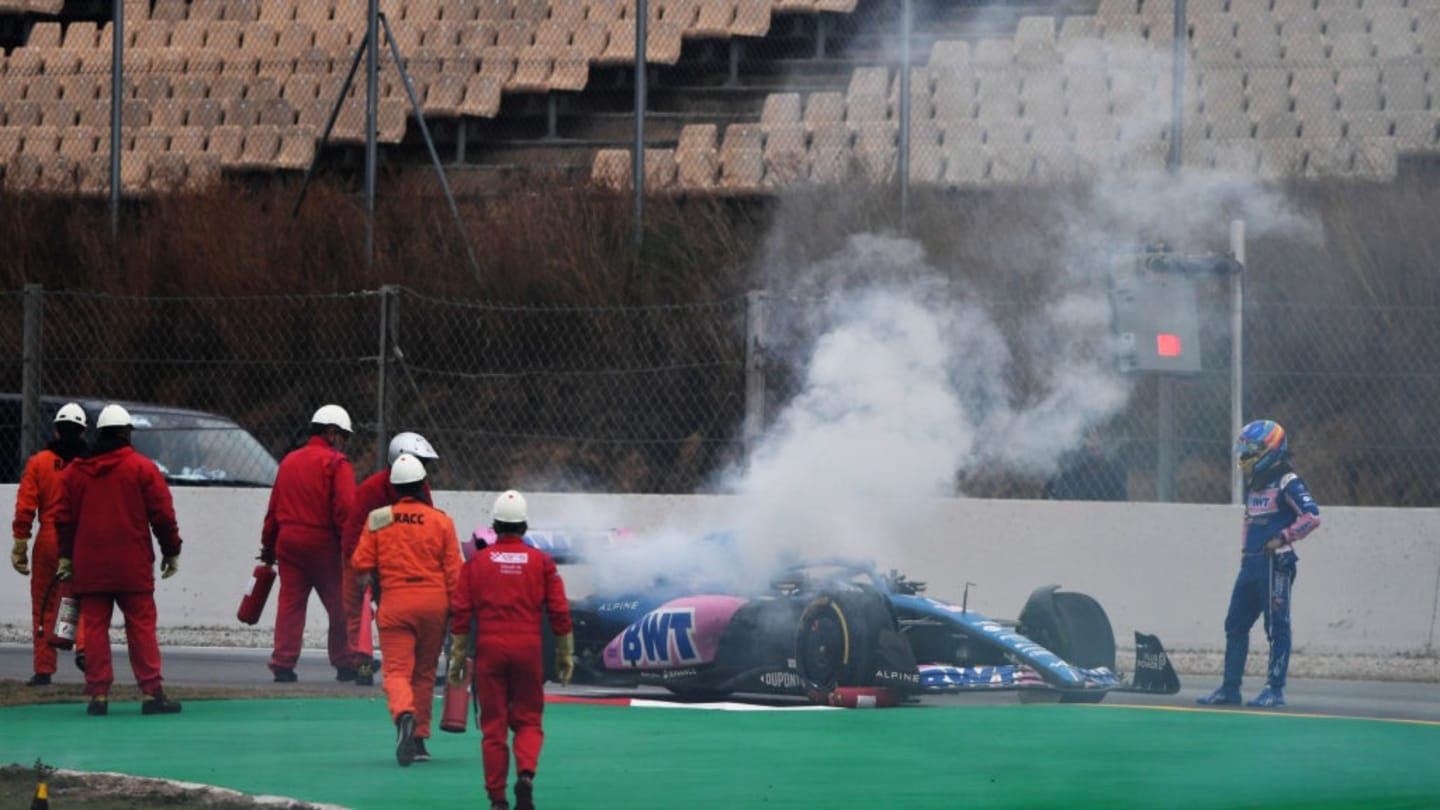 BARCELONA, SPAIN - FEBRUARY 25: Fernando Alonso of Spain and Alpine F1 looks on after stopping on