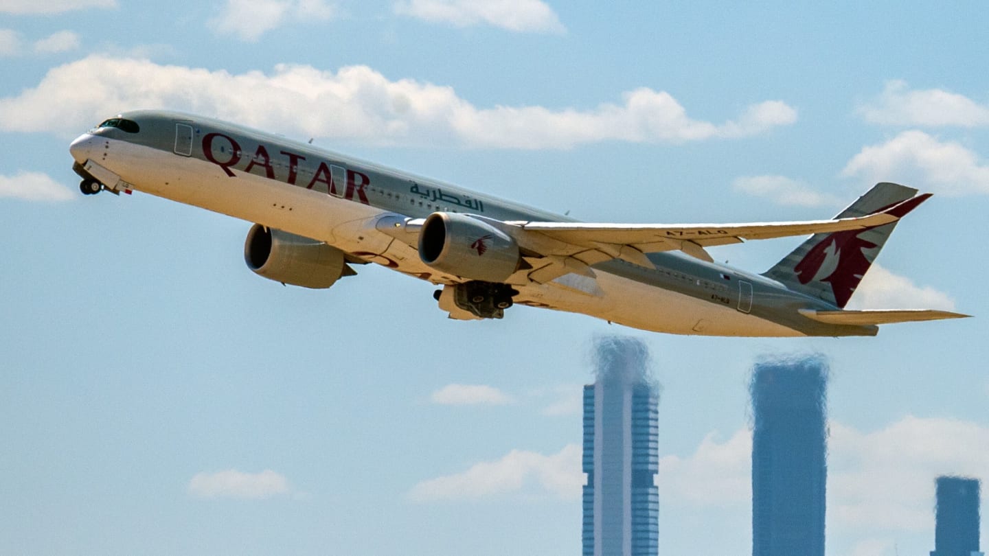 MADRID, SPAIN - 2022/06/03: Qatar Airways airplane takes off from Madrid Adolfo Suarez Airport