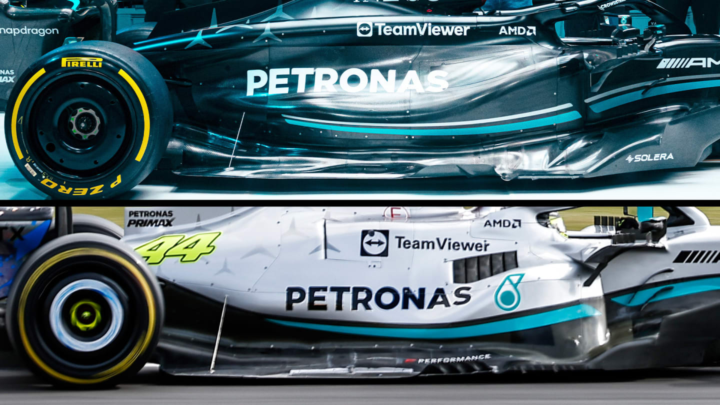 W14 (above) and W13 (below) compared. The ‘zero’ sidepod has grown a little, elongated towards the rear and with smoother downward contours at the front. The cooling route for the spent radiator air is now quite different, with a ‘cannon’ se…